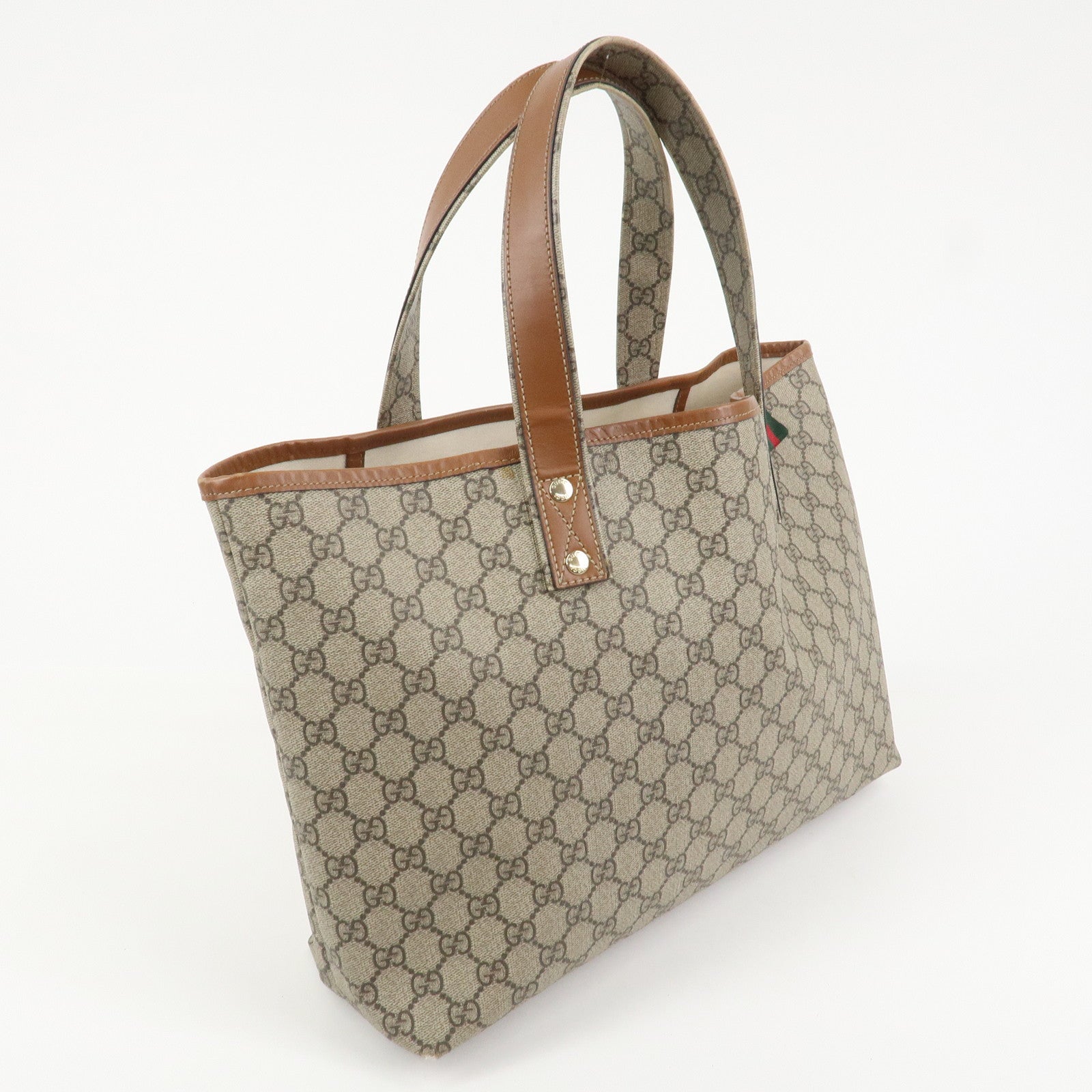 GUCCI GG Supreme Sherry Leather Tote Bag Beige Brown 211134