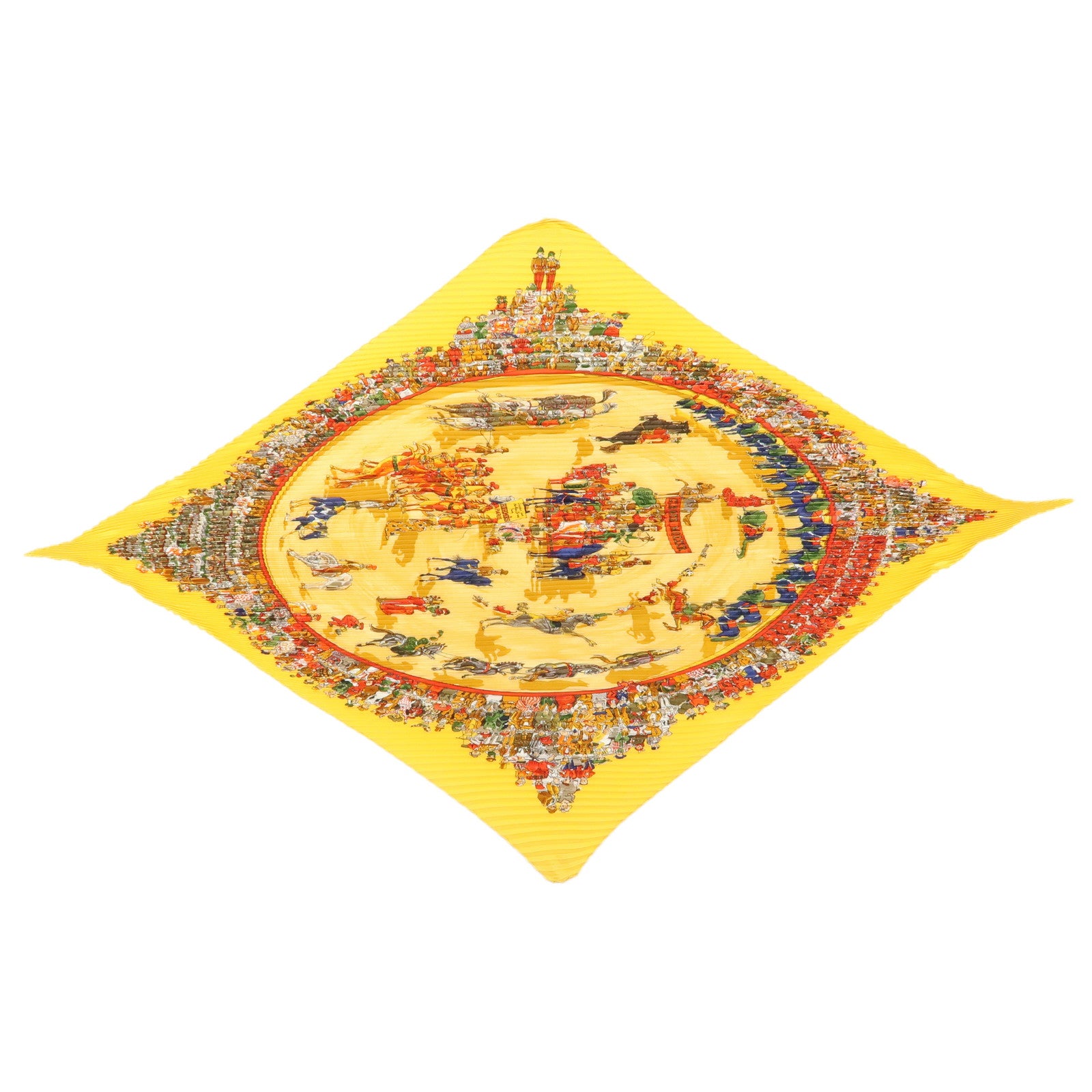 HERMES Pleated Carre 90 Silk 100% Scarf CIRQUE MOLIER Orange