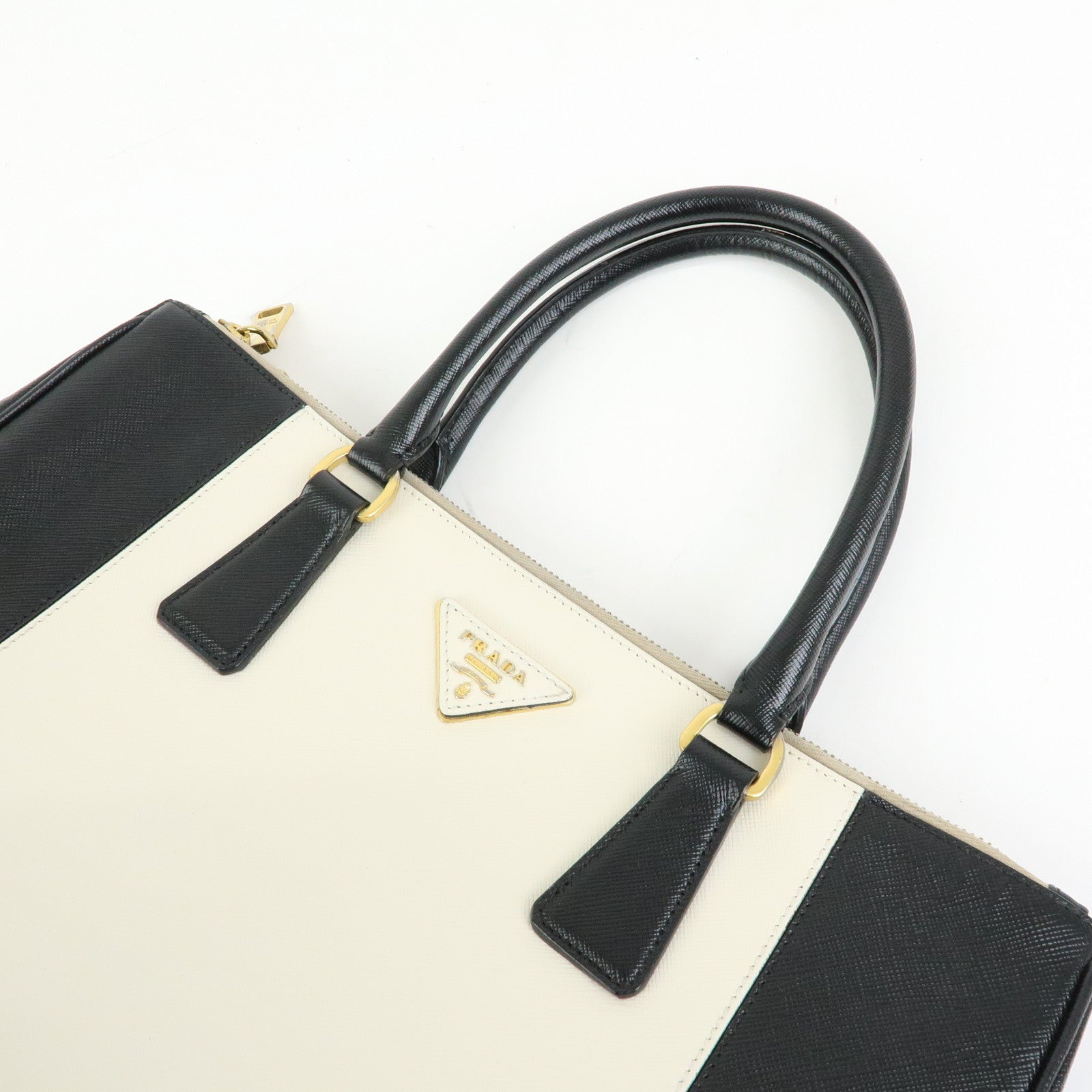 PRADA Triangle Logo Saffiano Leather Hand Bag Tote Bag Ivory Black