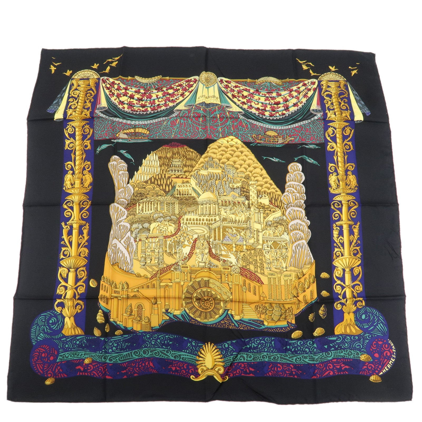 HERMES Carre 90 Silk 100% Scarf Black Yellow Used