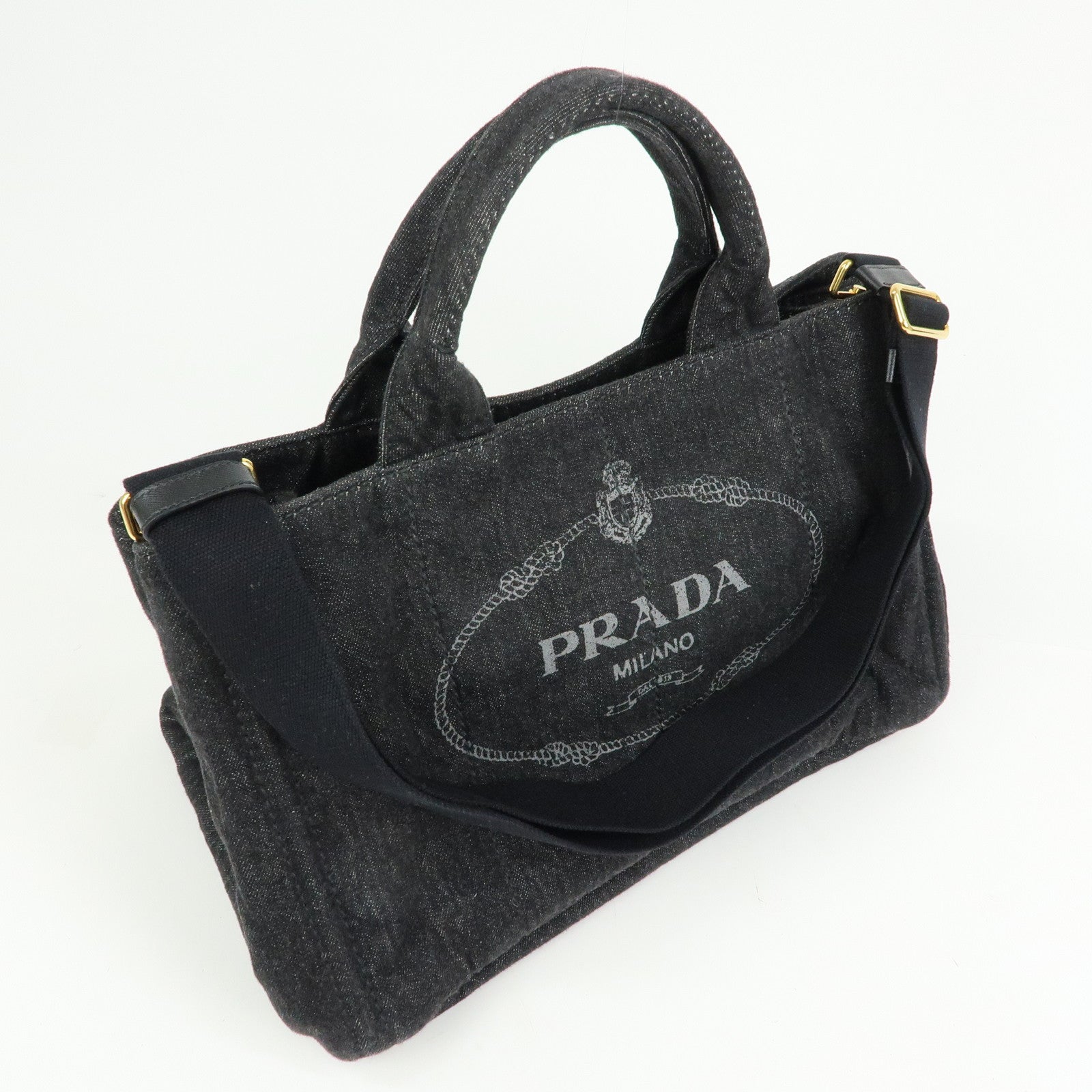 PRADA Triangle Logo Canapa Canvas 2Way Tote Hand Bag Black BN2642