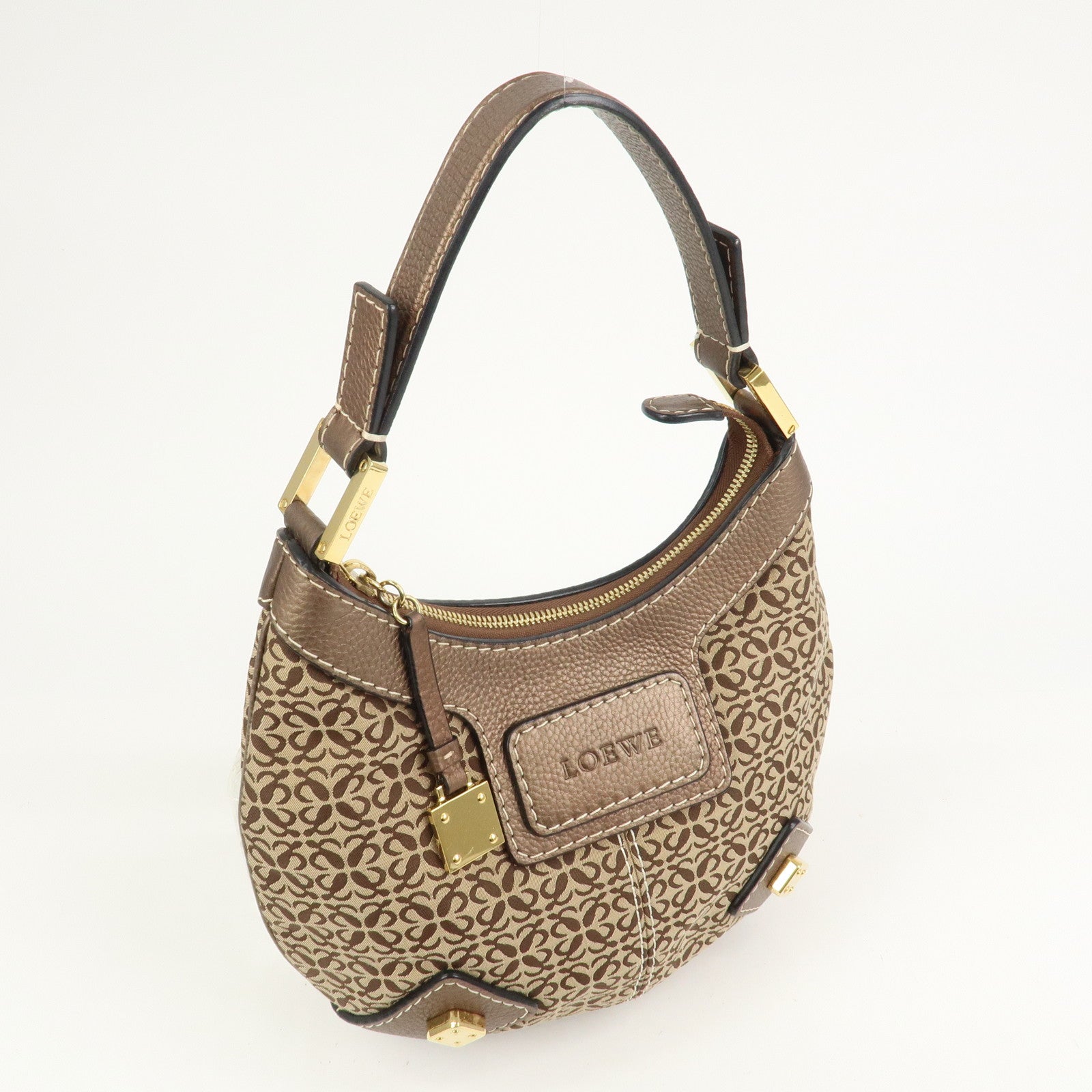 LOEWE New Road Line Logo Canvas Leather Shoulder Bag Brown Beige