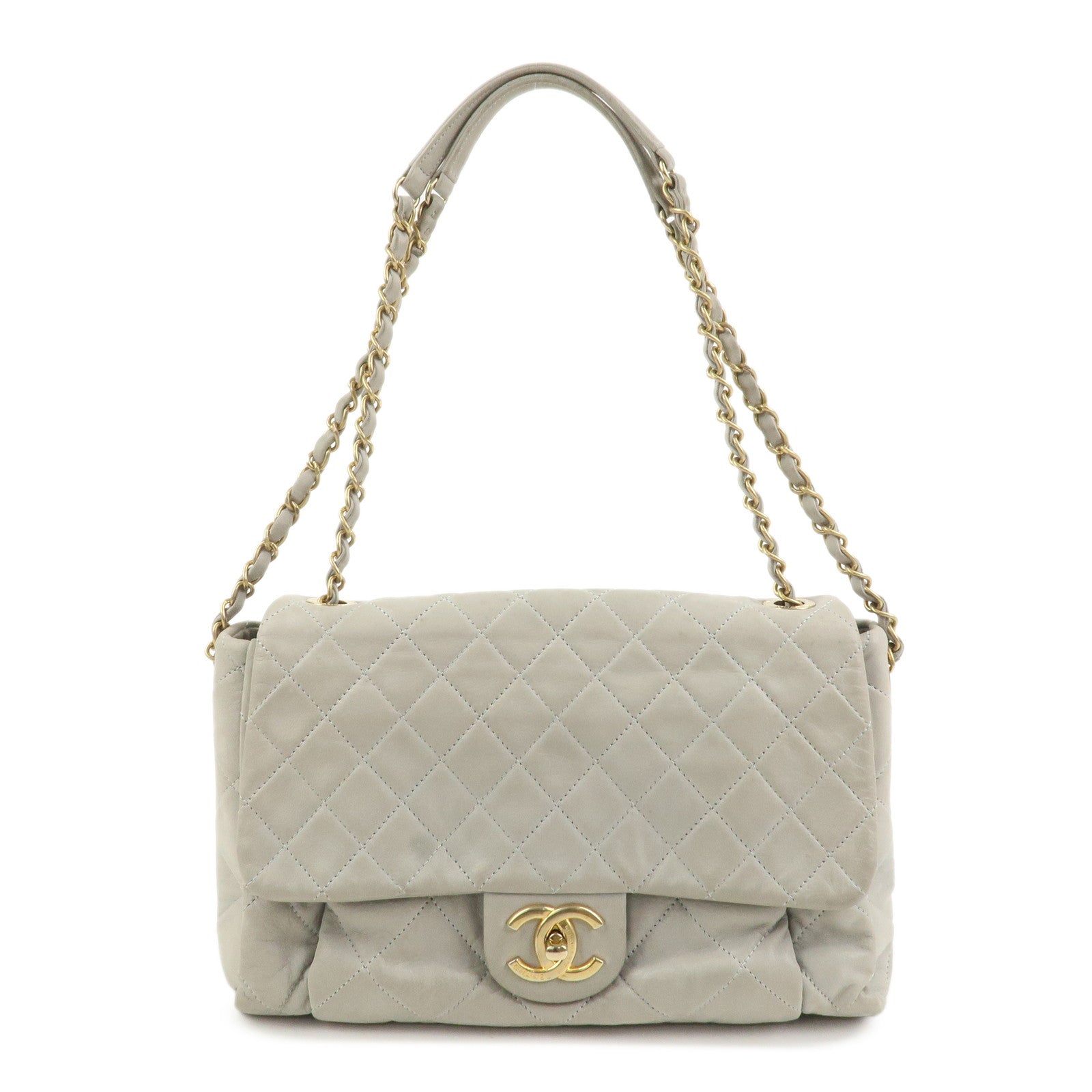 CHANEL Matelasse COCO Mark Shiny Lamb Skin Chain Shoulder Bag Gray
