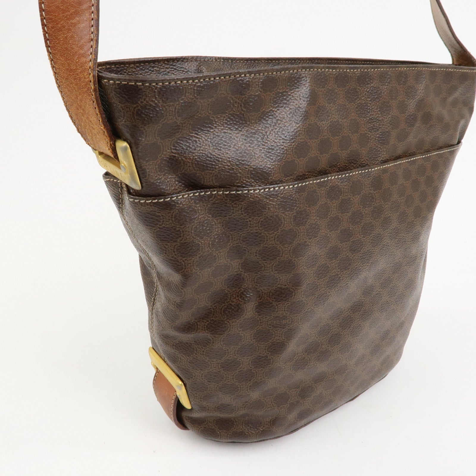 CELINE Macadam PVC Canvas Leather Shoulder Bag Brown Gold Hardware