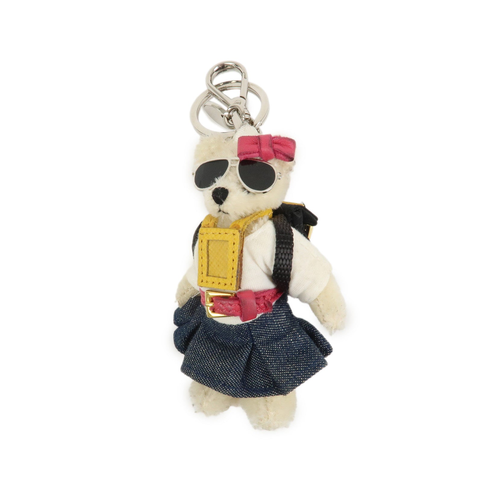 PRADA Triangle Logo Teddy Bear Bag Key Charm Denim Multicolor