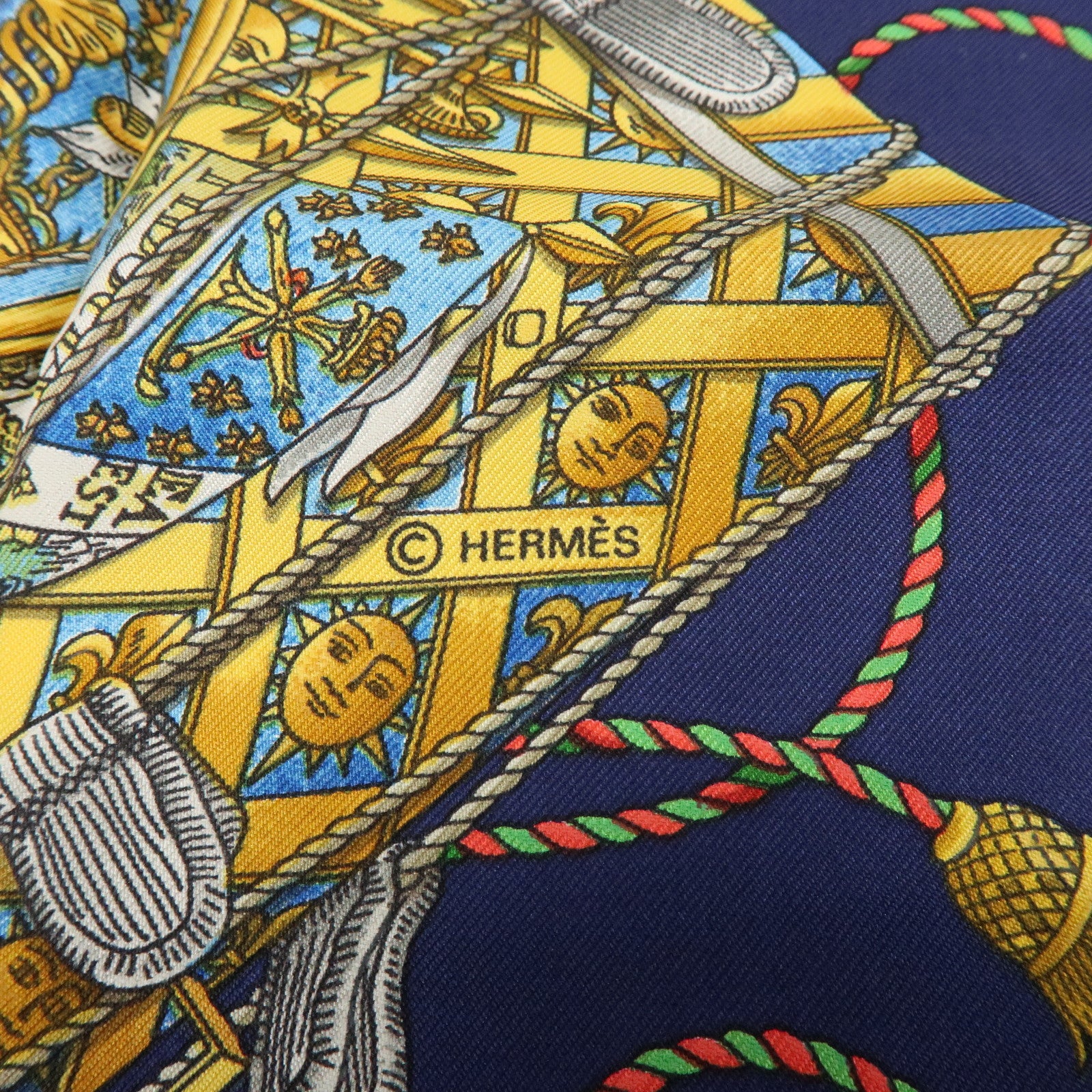 HERMES Carre 90 Silk 100% Scarf  LES TAMBOURS Navy Gold