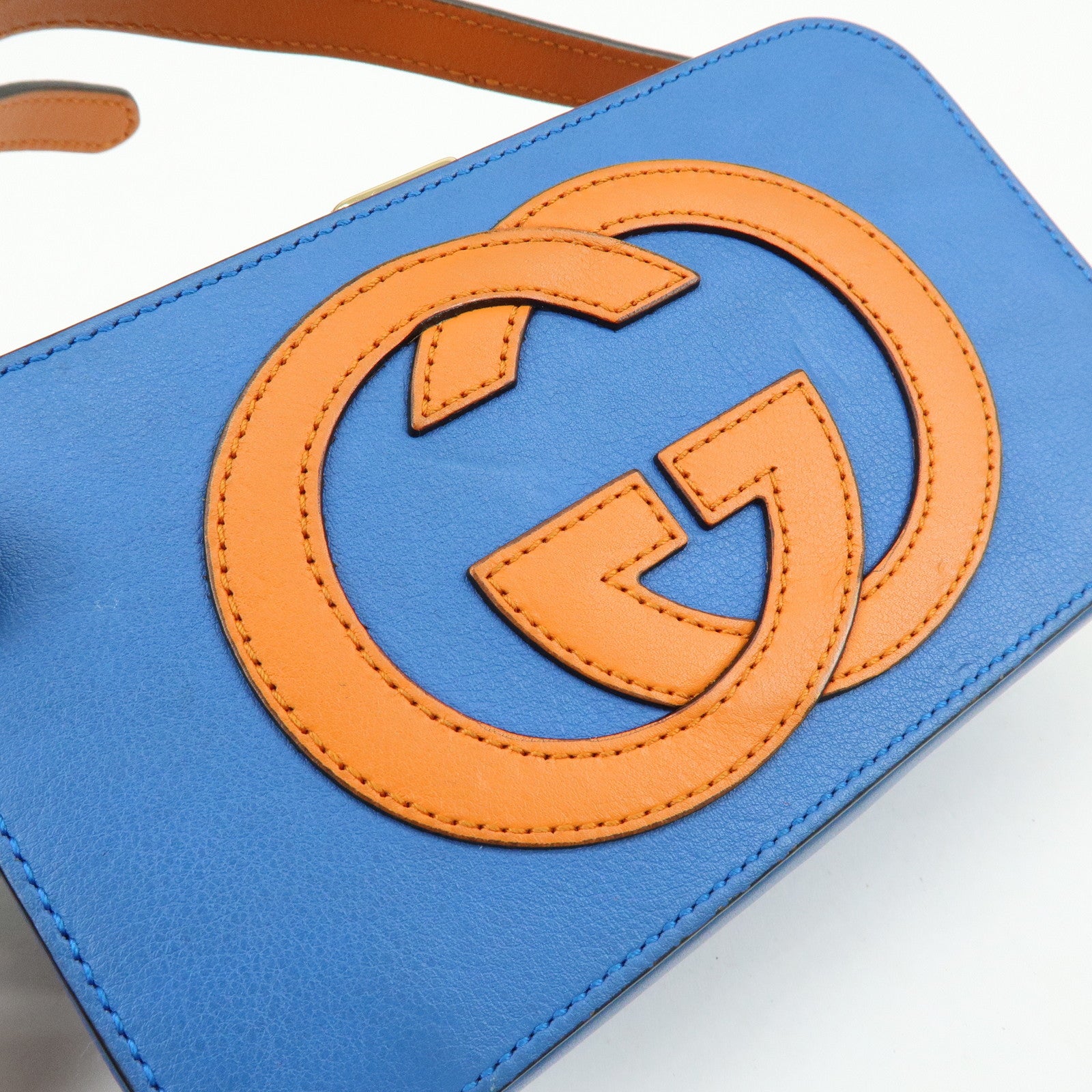 GUCCI Logo Interlocking G Leather Shoulder Bag Blue Orange 658230