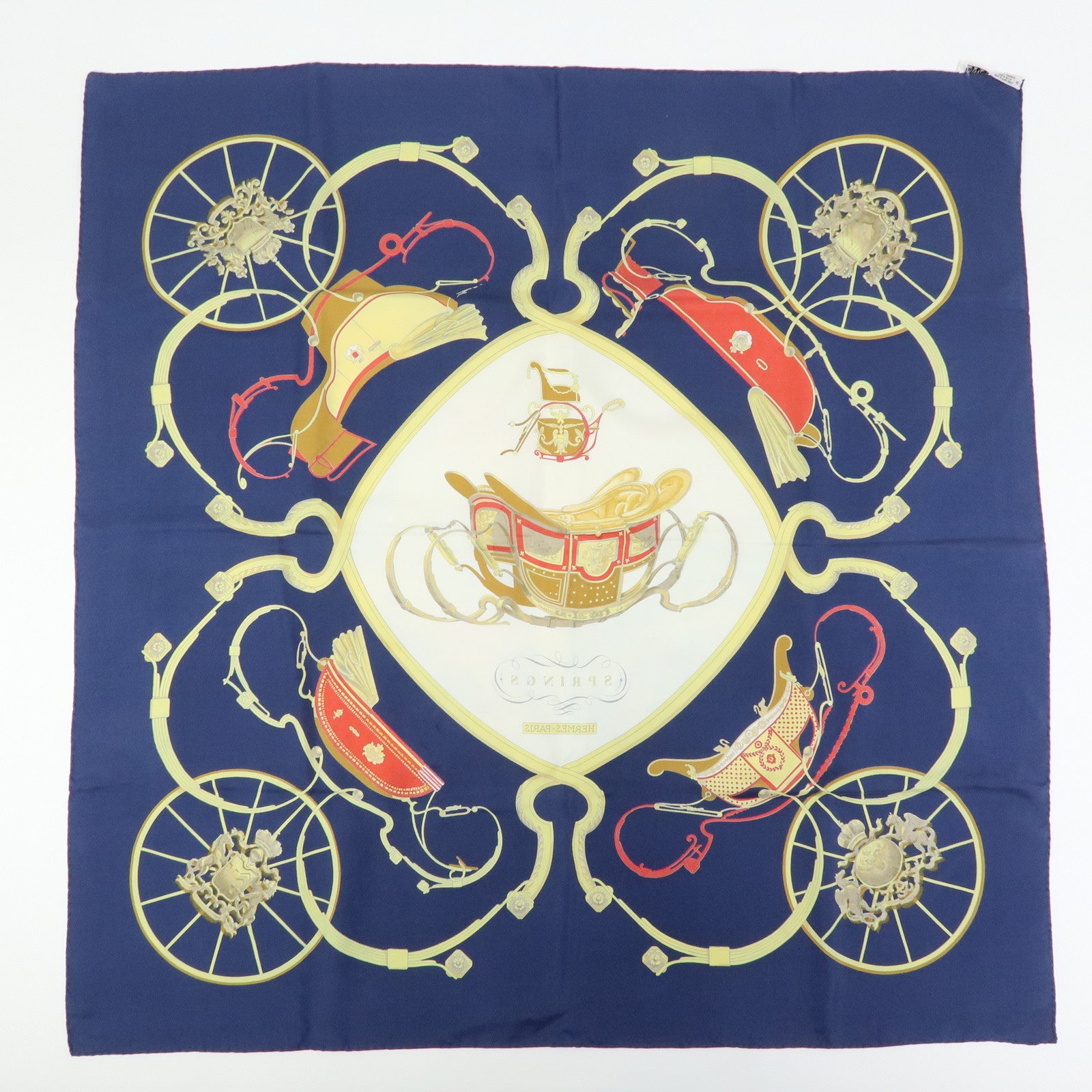 HERMES Carre 90 Silk 100% Scarf SPRINGS Navy White Yelllow Red
