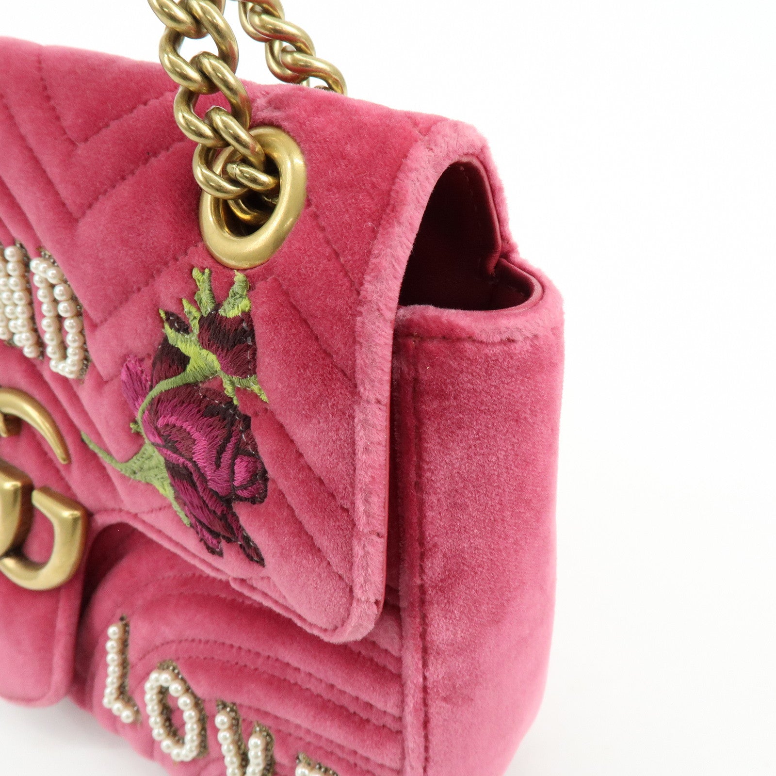 GUCCI GG Marmont Velour Leather Chain Shoulder Bag Pink 443496