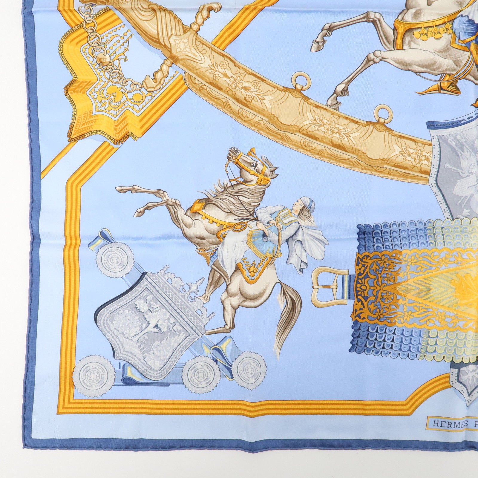 HERMES Carre 90 Silk 100% Scarf Cavaliers ottomans Light Blue Used