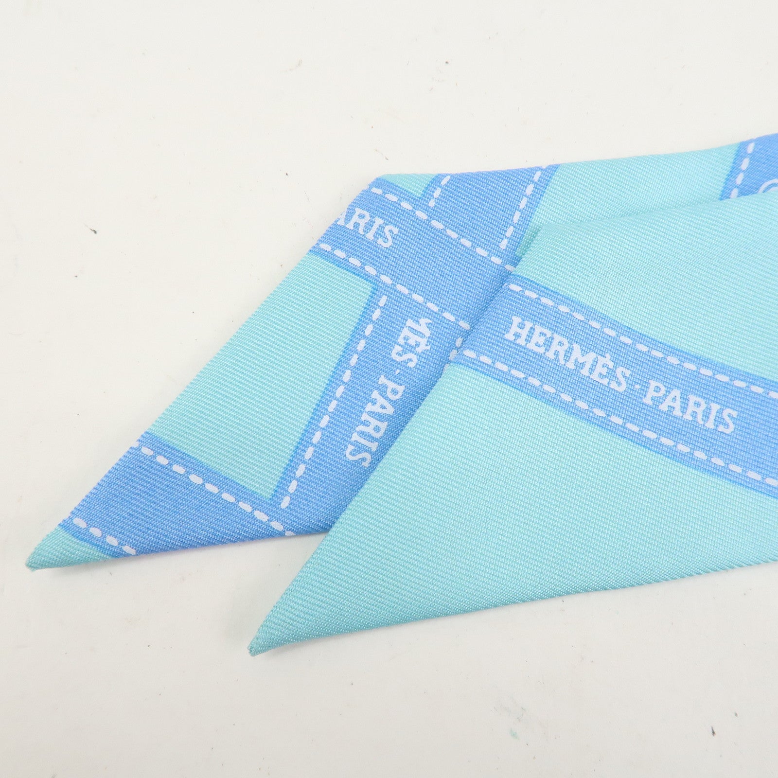 HERMES Twilly Silk 100% Scarf Bolduc Pattern Light Blue
