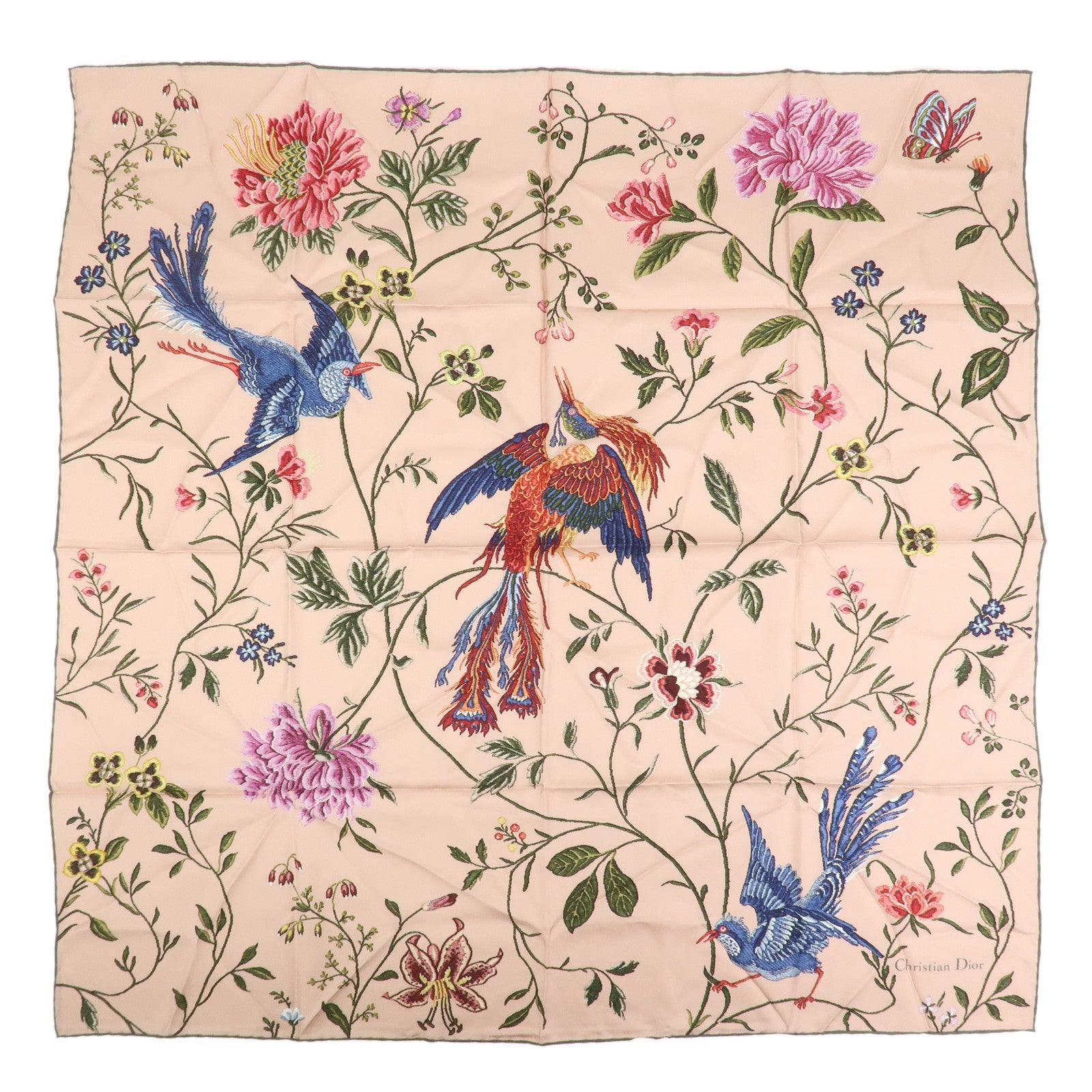 Christian Dior Logo Silk 100%  Bird-and-Flower Scarf Pink