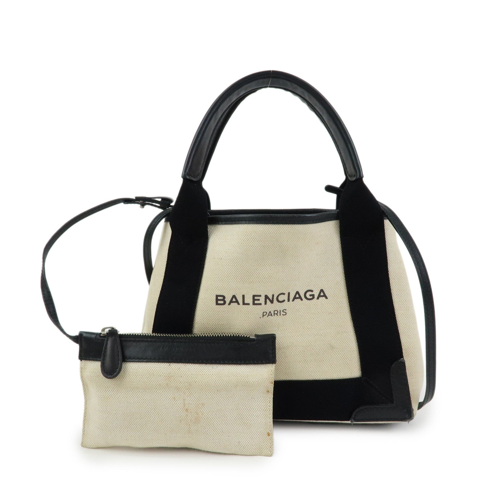 BALENCIAGA Navy Cabas XS Canvas Leather 2WAY Bag Ivory 390346
