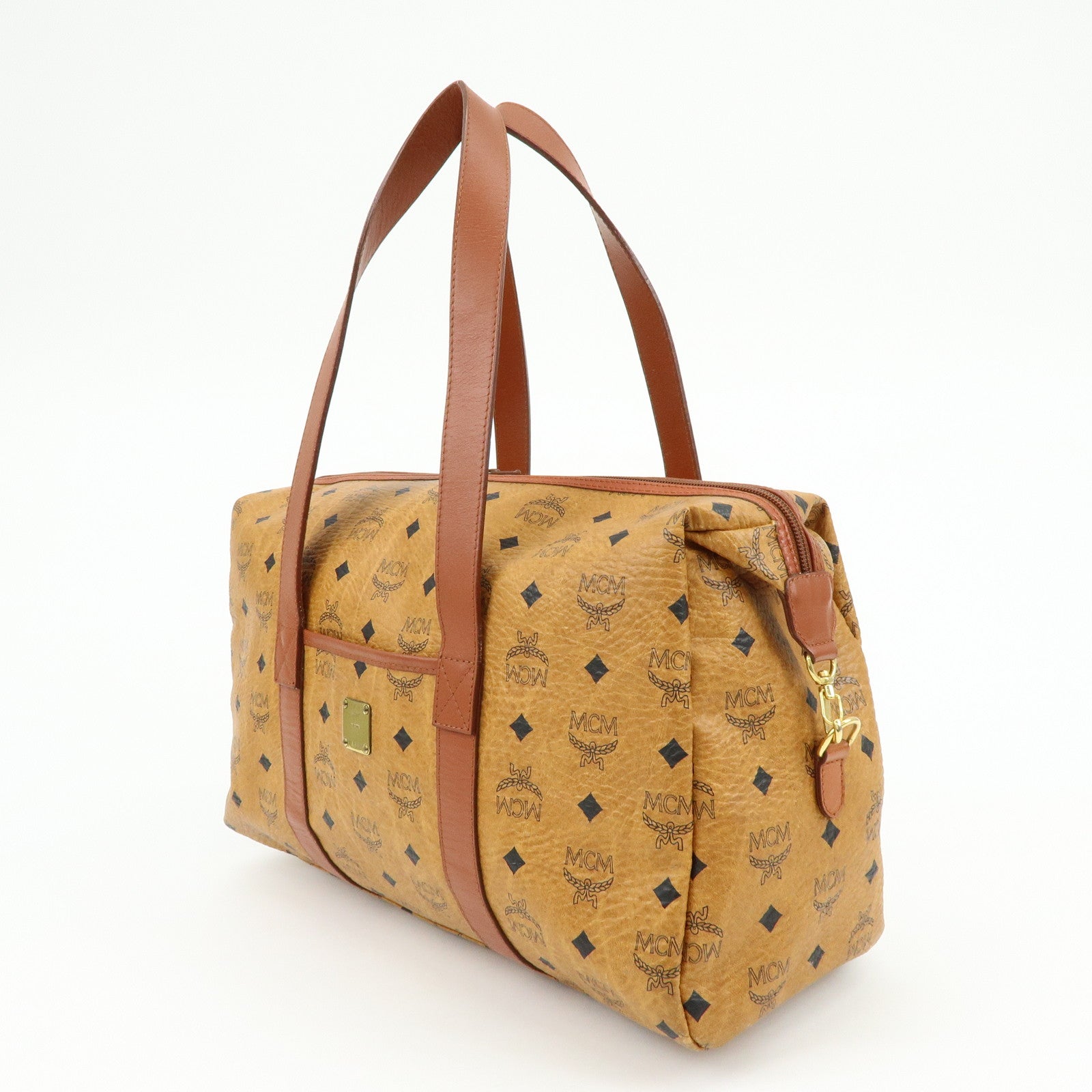 MCM Visetos PVC Leather Tote Bag Boston Bag Hand Bag Cognac Brown