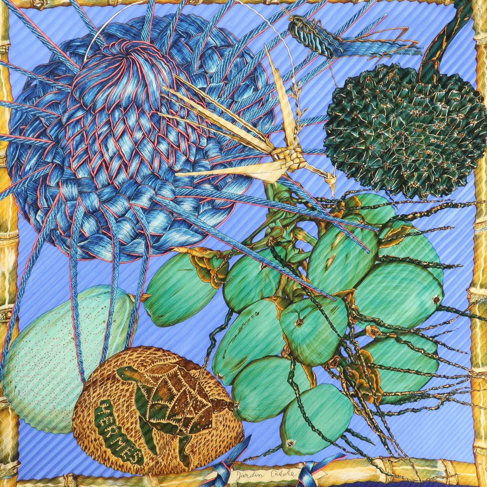 HERMES Carre Silk 100% Pleats Scarf Jardin Creole Blue Green Navy Used