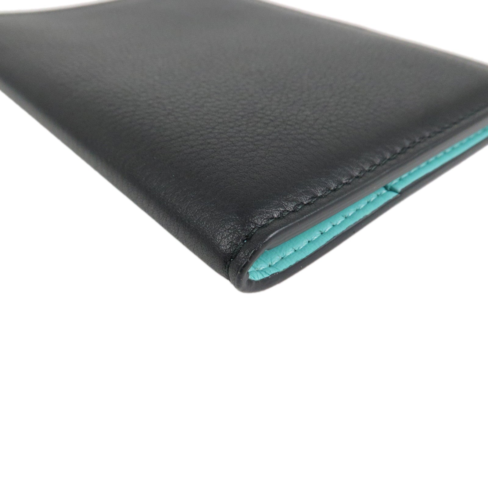 Tiffany & Co. Logo Leather Passport Case Black Tiffany Blue
