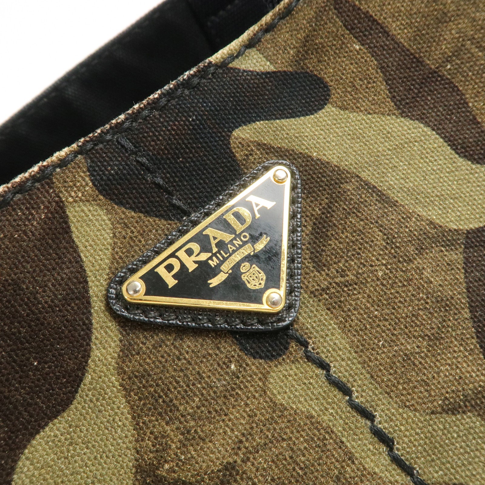 PRADA Triangle Logo Canvas Canapa Tote Bag Black Green BN2020