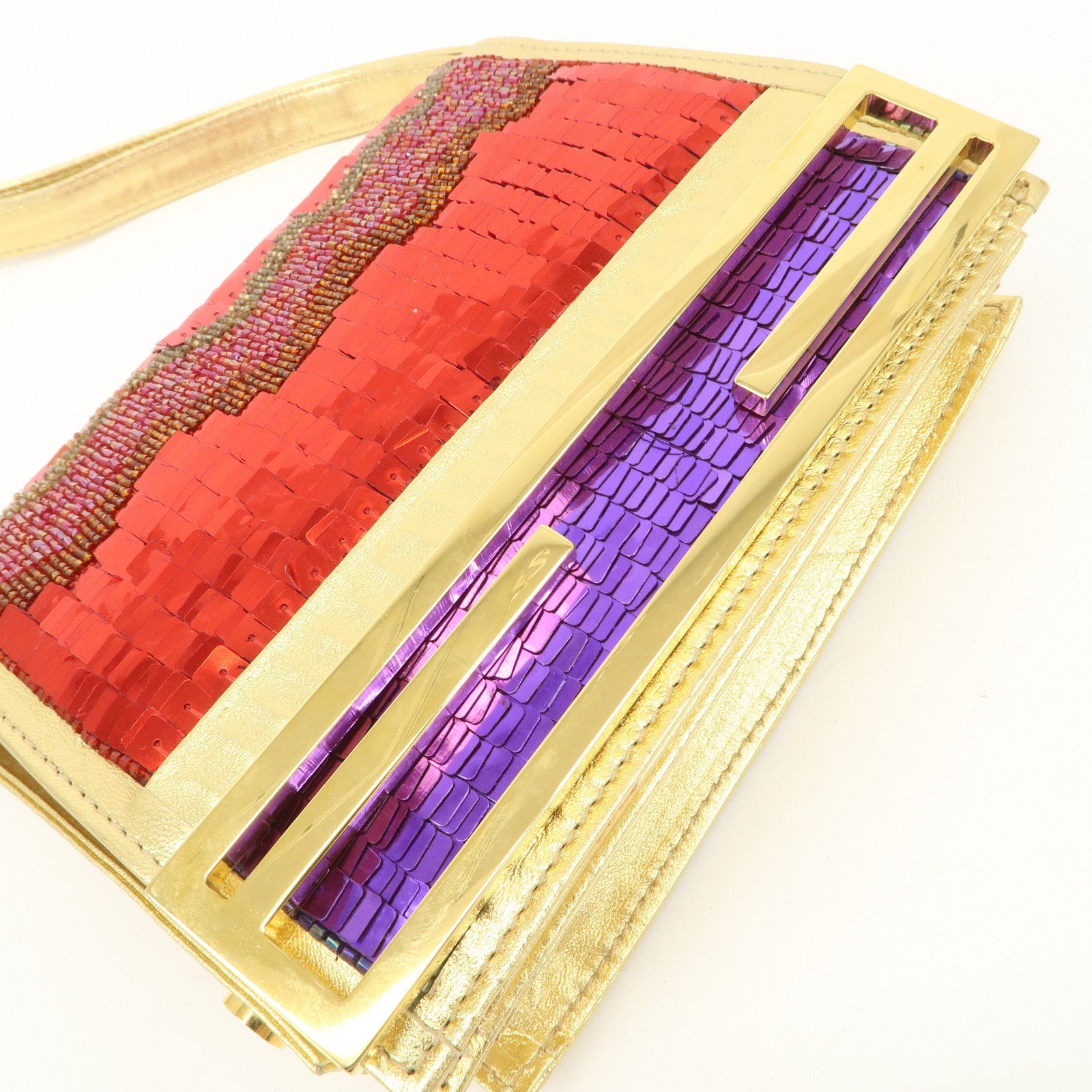 FENDI Leather Sequin Shoulder Bag Crossbody Bag Gold Red Purple
