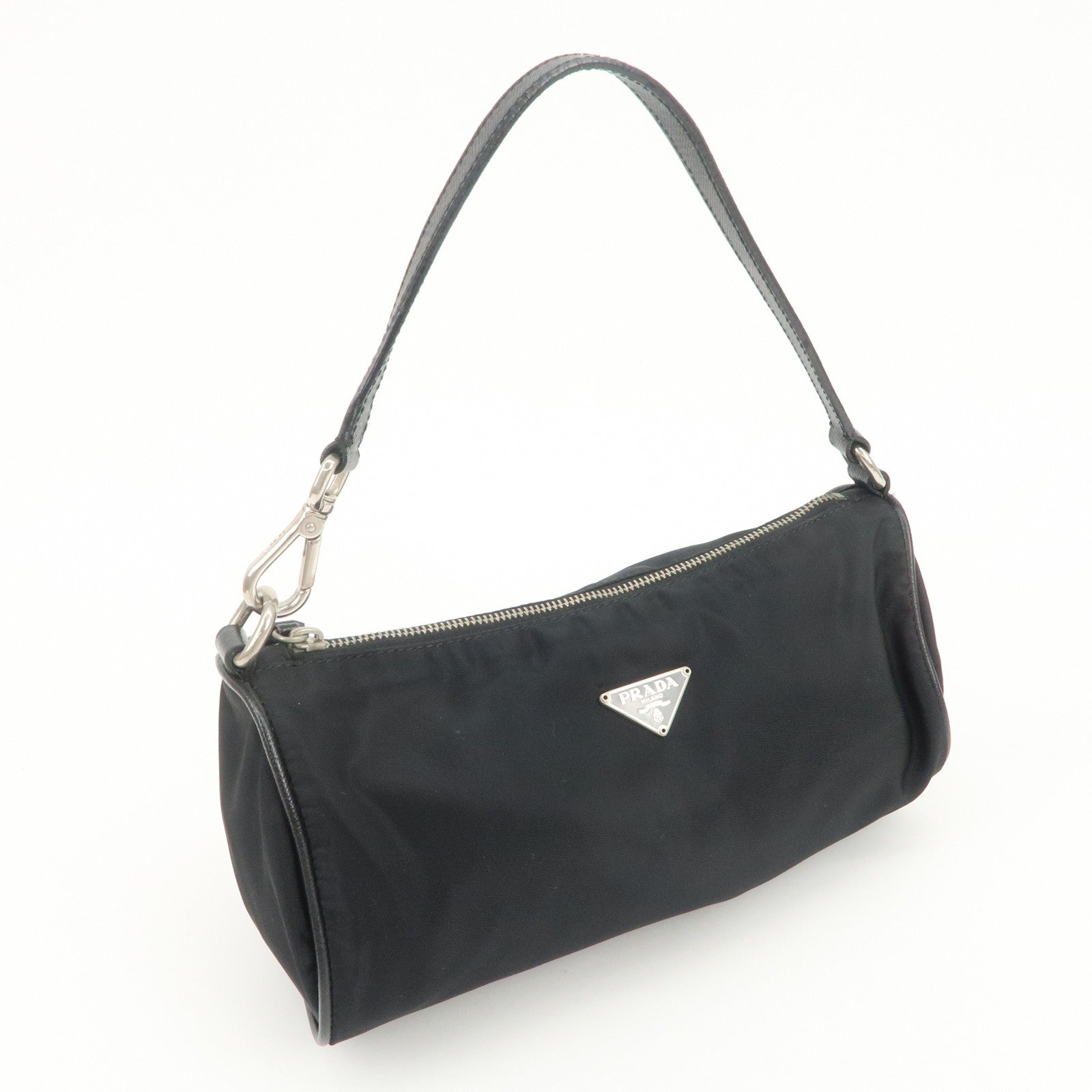 PRADA Triangle Logo Nylon Saffiano Leather Hand Bag Black