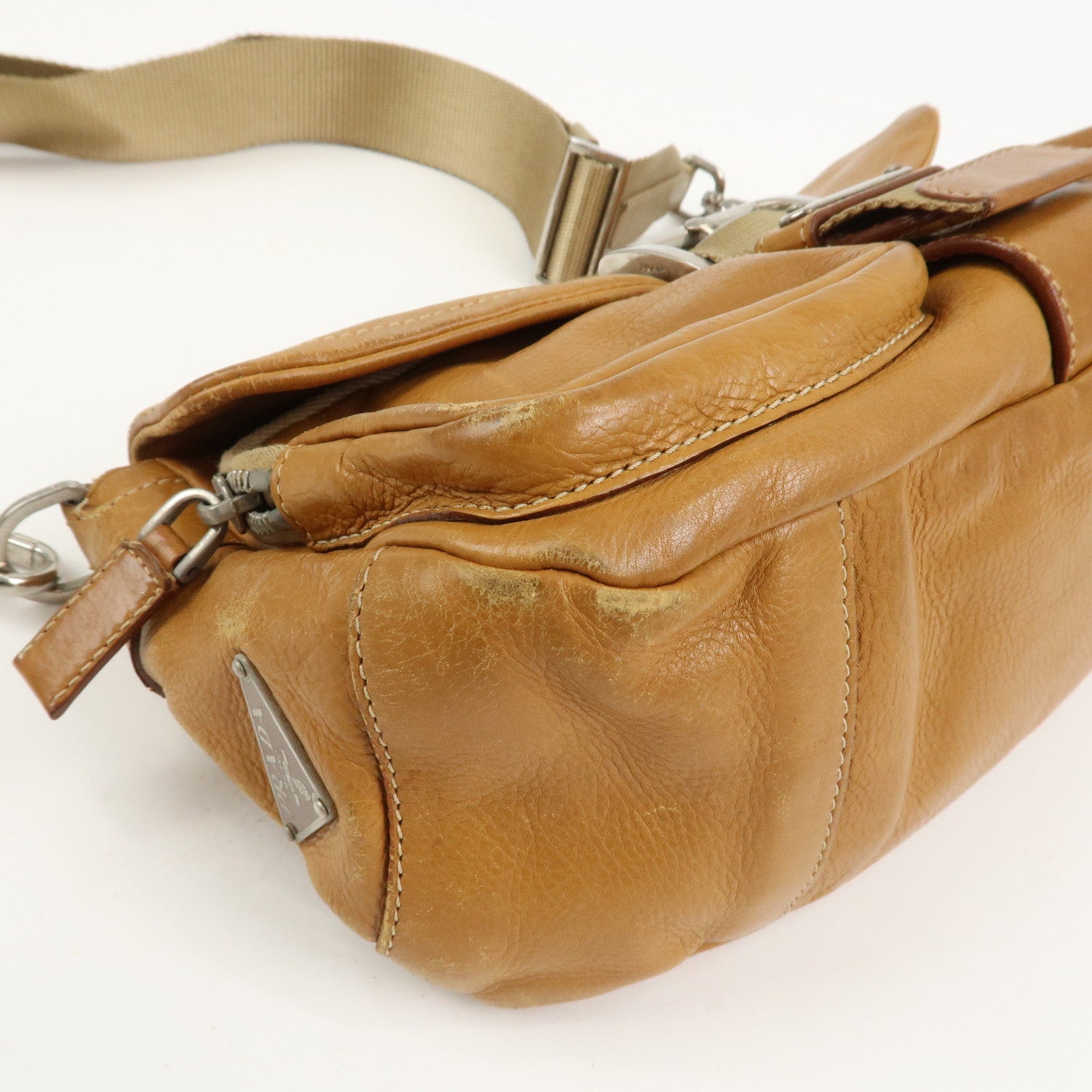 PRADA Triangle Logo Leather Front Pocket Shoulder Bag Brown BR2417