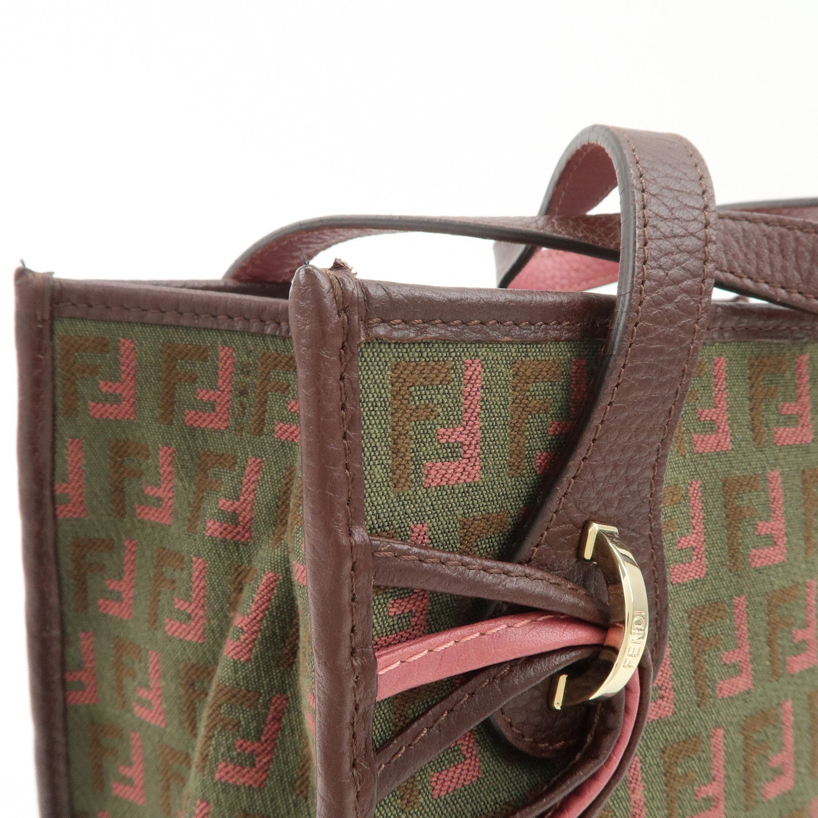 FENDI Zucchino Leather Canvas Hand Bag Khaki Bordeaux