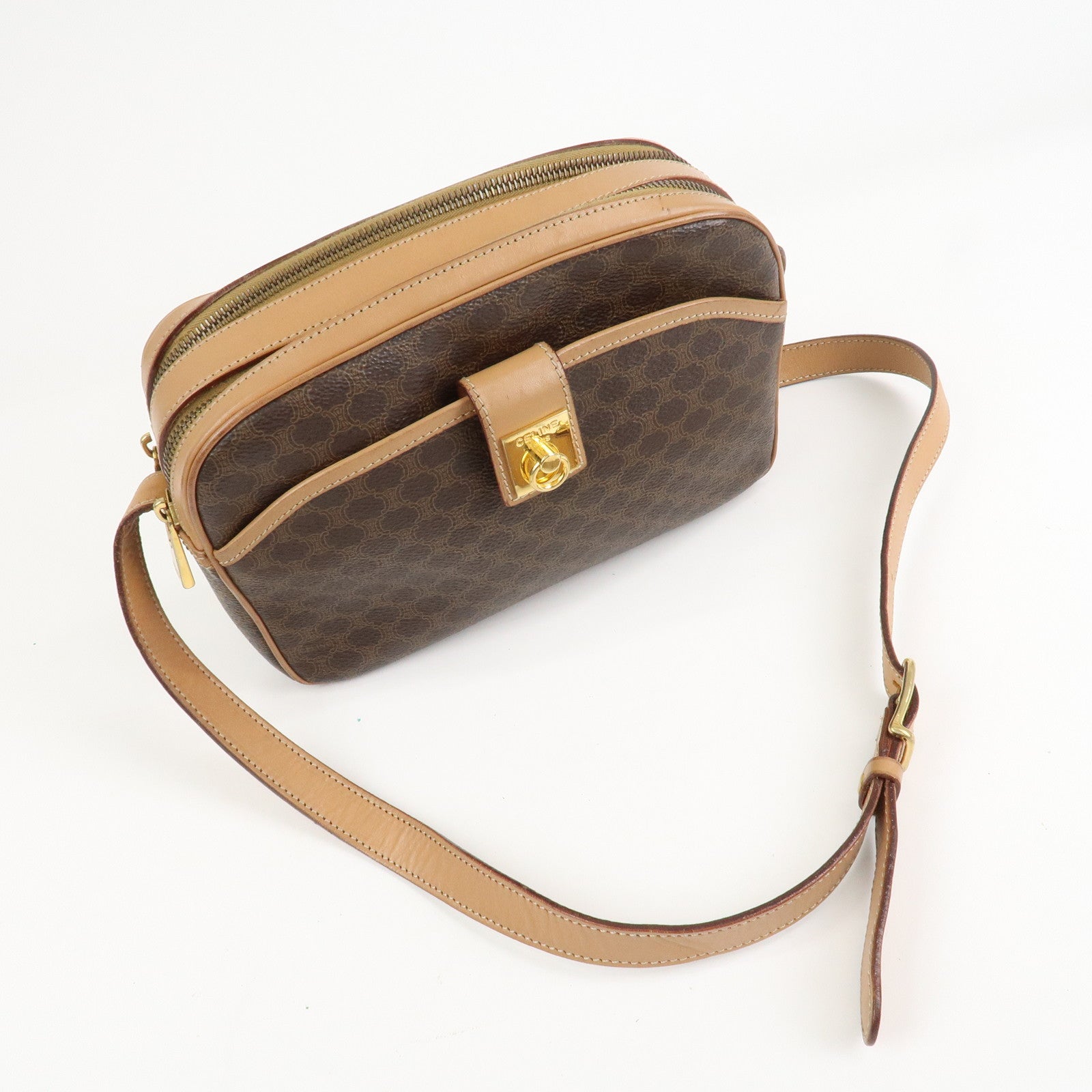 CELINE Macadam Leather Shoulder Bag Beige Brown Gold Hardware