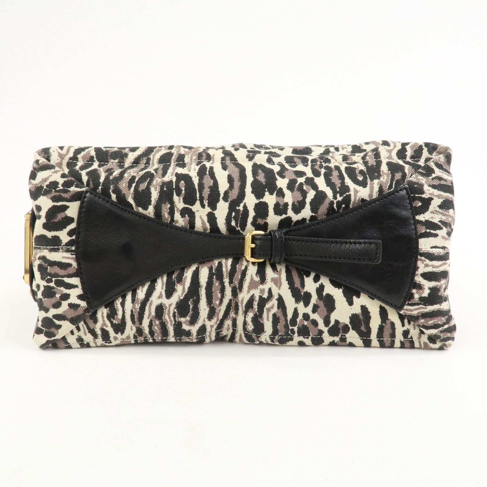 JIMMY CHOO Leopard Canvas Leather Tote Bag Shoulder Bag Ivory Black