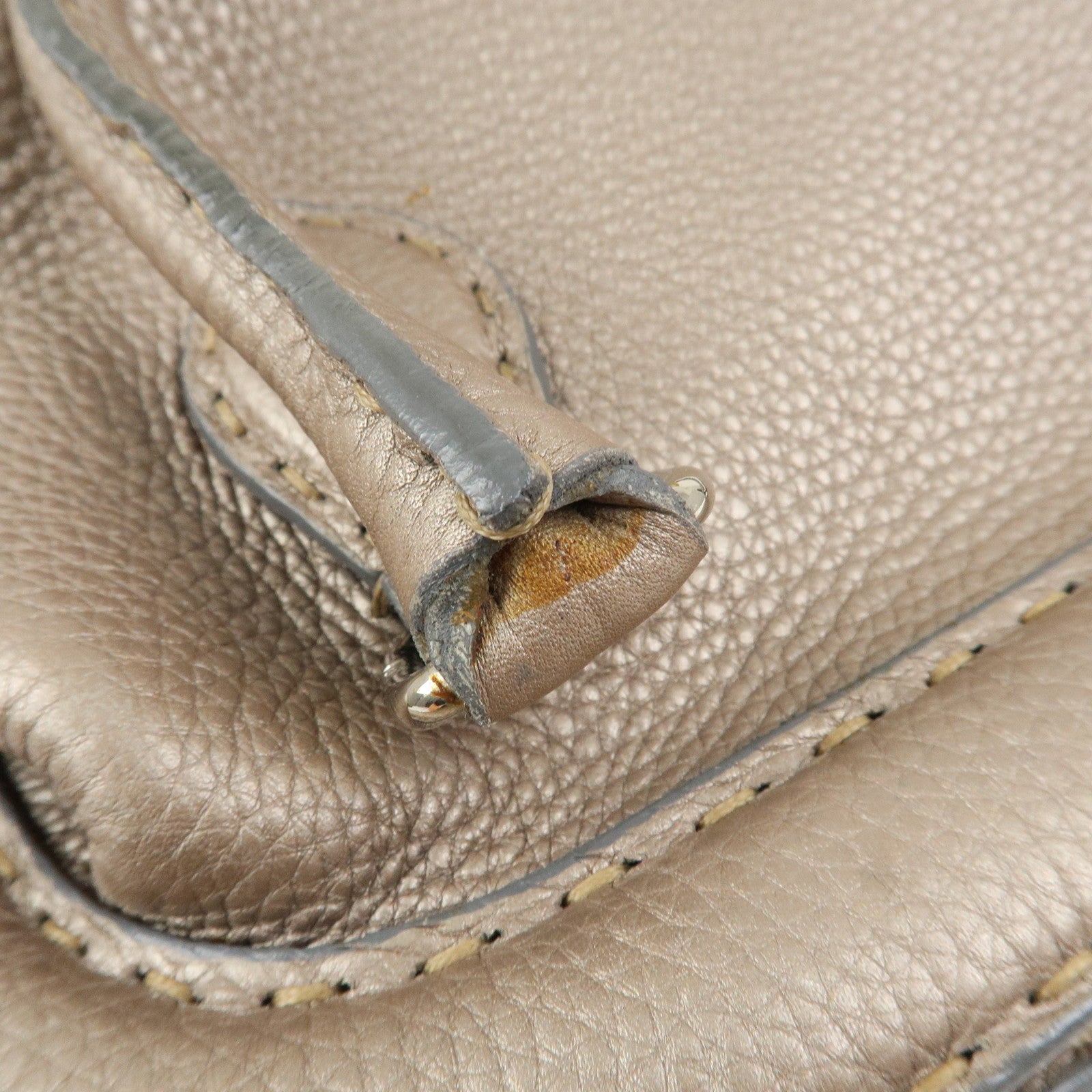 FENDI Selleria Logo Leather Boston Bag Hand Bag Greige 8BN127