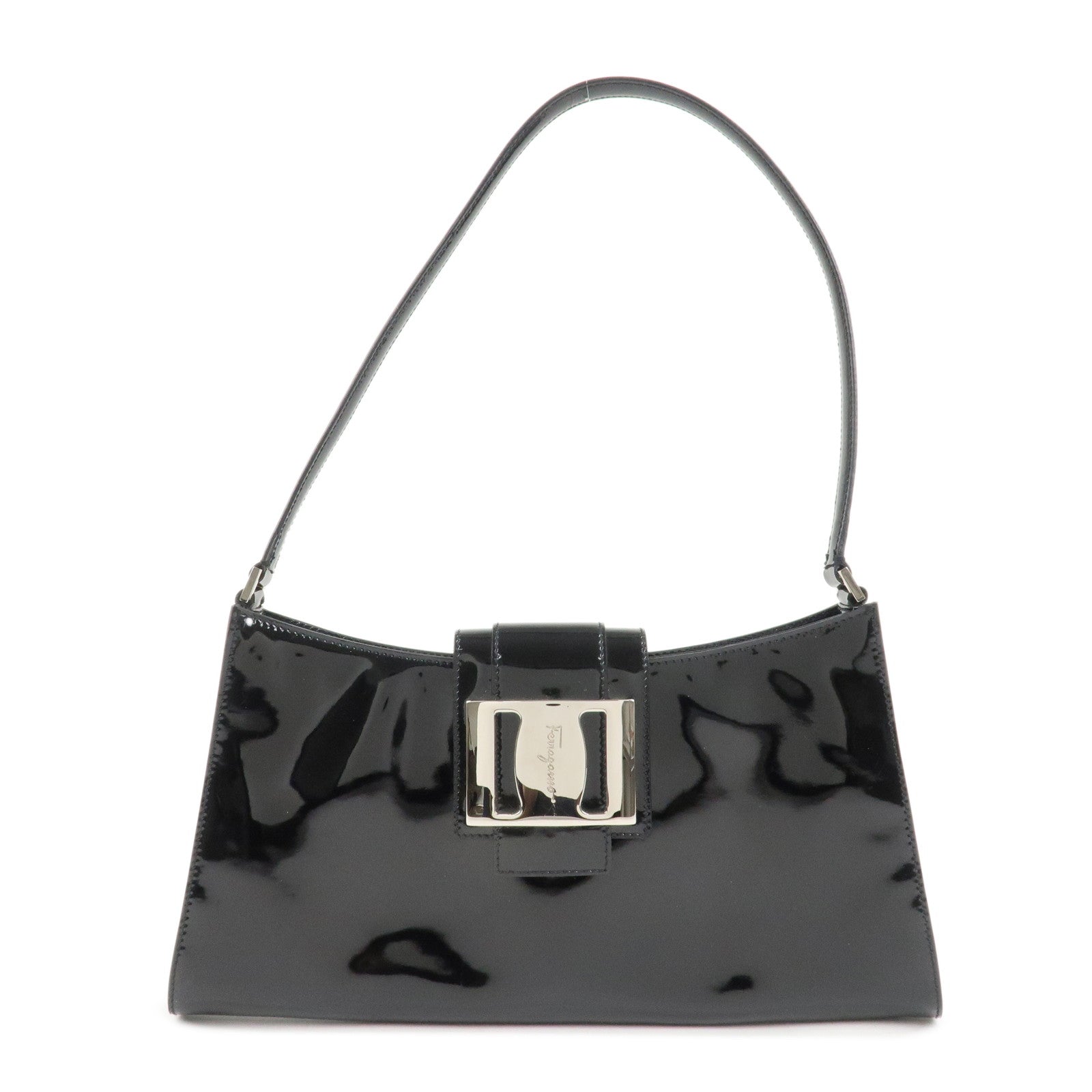 Ferragamo Patent Leather Shoulder Bag Hand Bag Black Silver HDW