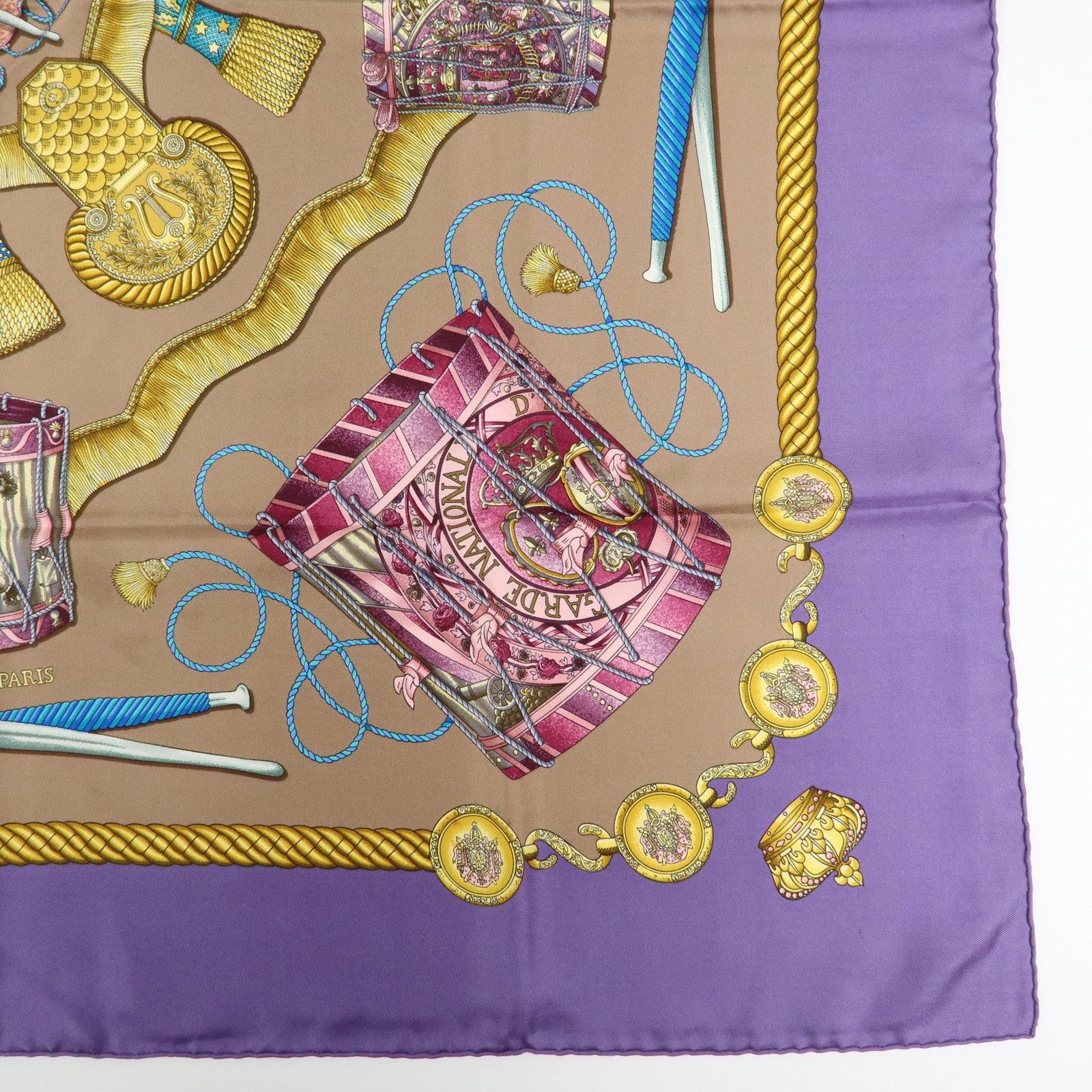 HERMES Carre 45 Silk 100% Scarf LES TAMBOURS Purple Pink Beige