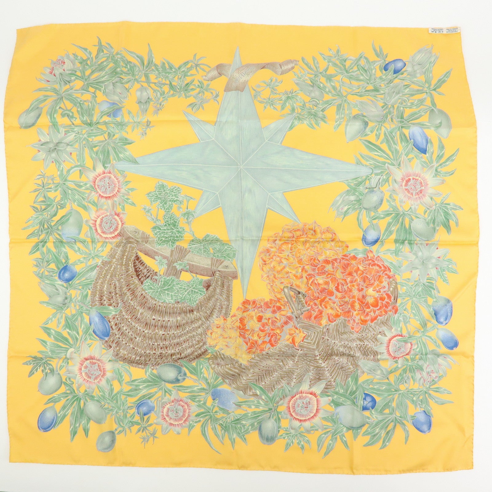HERMES Carre 90 Silk 100% Scarf PASSIFLORES Orange Green Brown