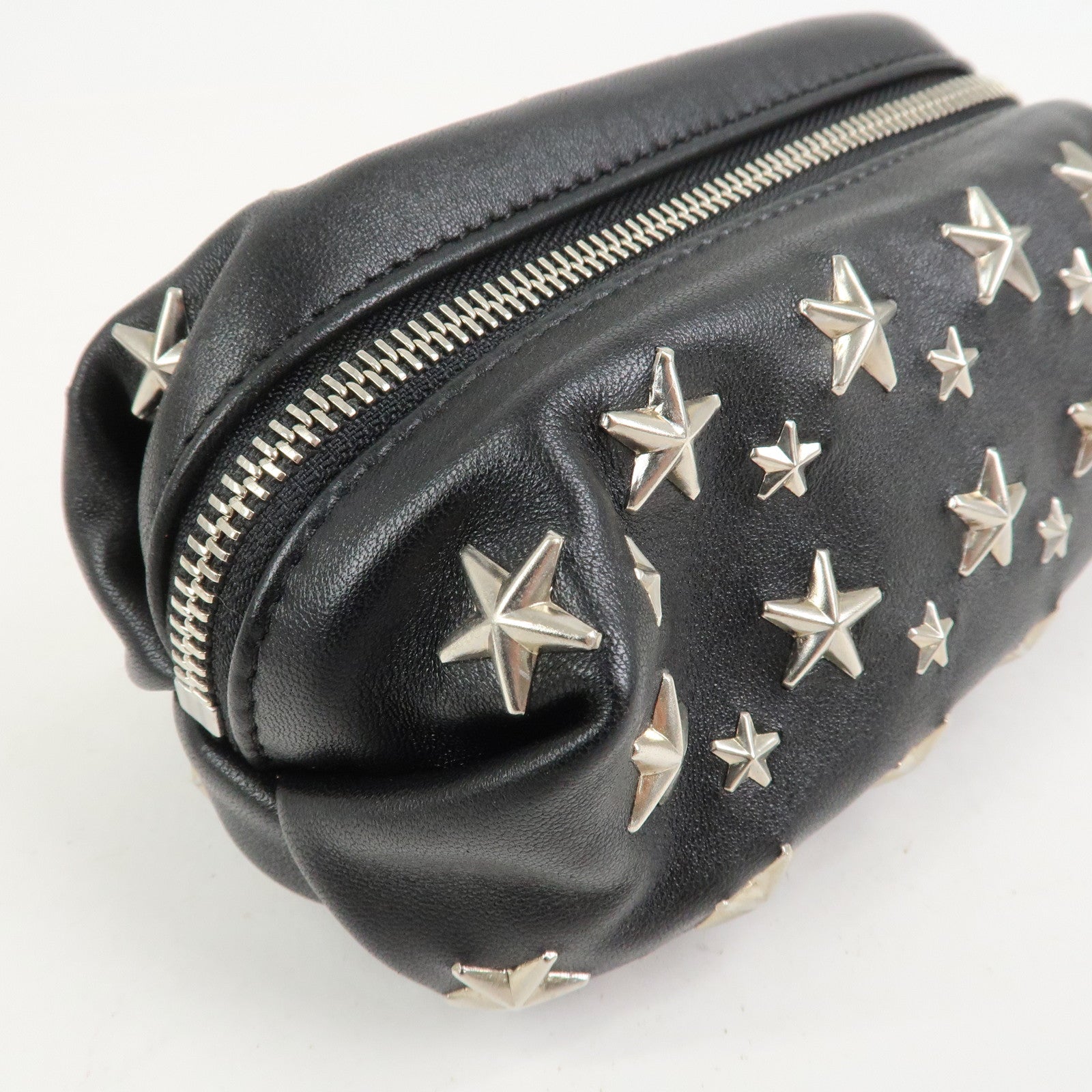 JIMMY CHOO Leather Star Studs Pouch Cosmetic Pouch Makeup Bag Black