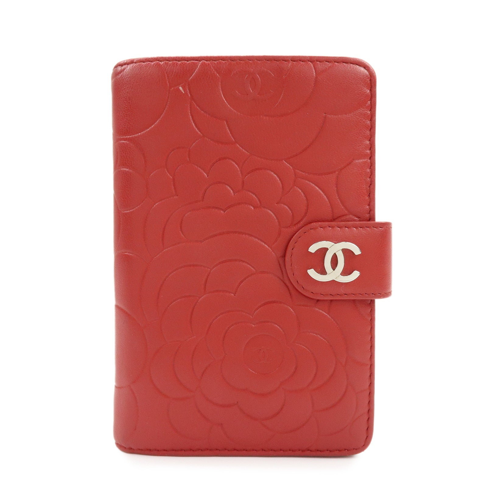 CHANEL Camellia COCO Mark Lamb Skin Bi-fold Compact Wallet Red