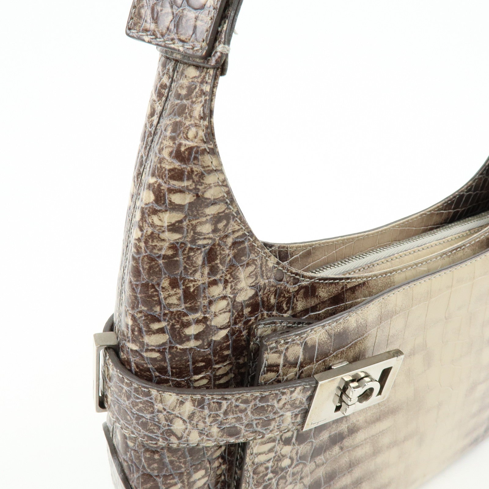 Ferragamo Gancini Embossed Leather Shoulder Bag Brown Beige