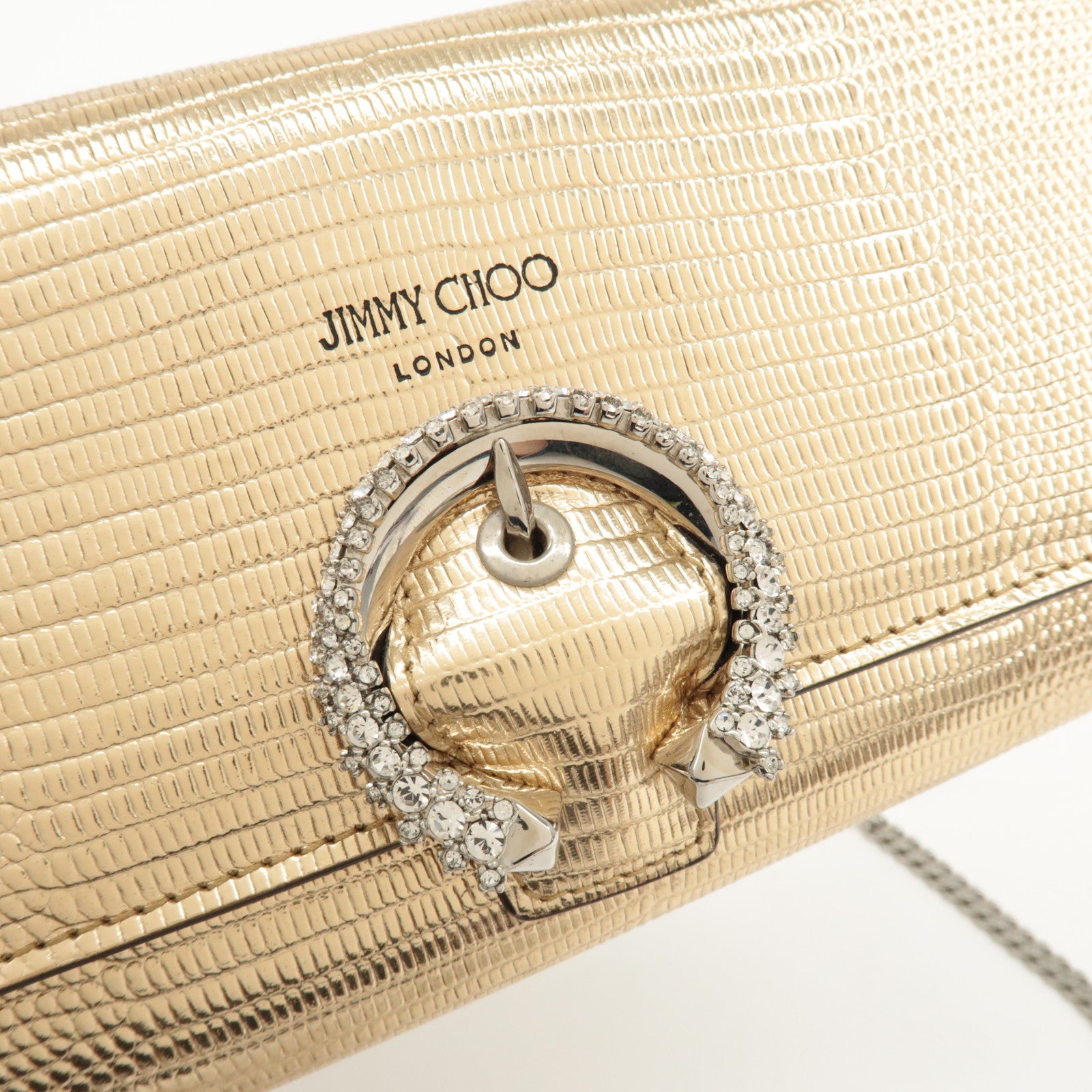 JIMMY CHOO Leather Rhine Stone Chain Wallet Gold Silver HDW Used