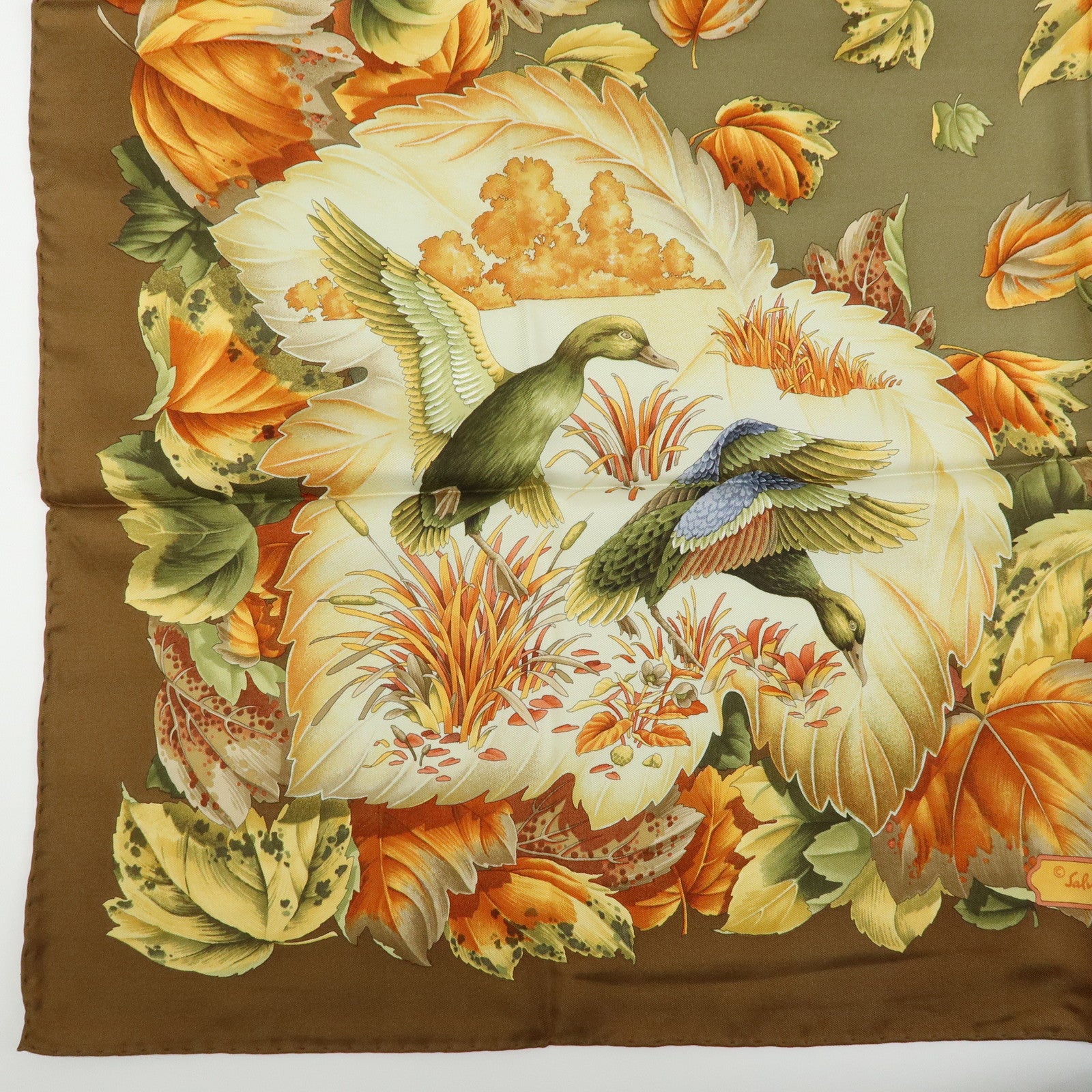 Ferragamo Silk 100% Scarf Autumn Bird And Leaf 85x85 Brown Orange