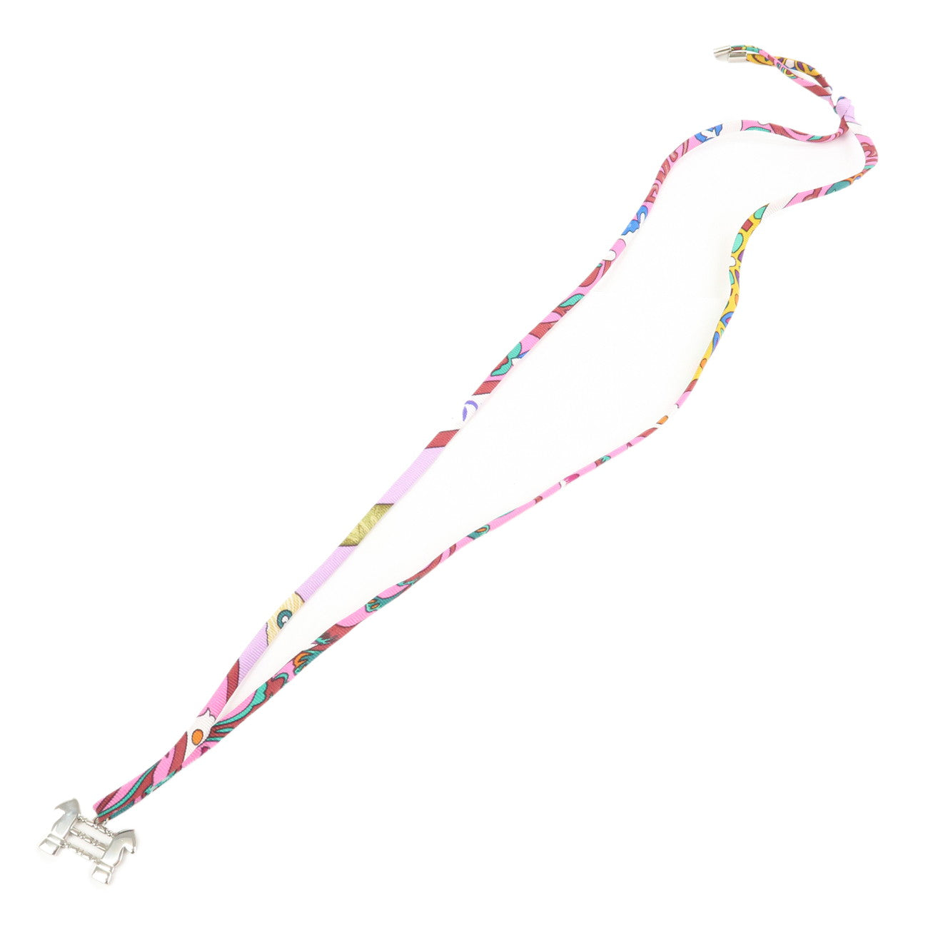 HERMES Tourbillon Stainless Steel Silk Necklace Choker Silver Pink