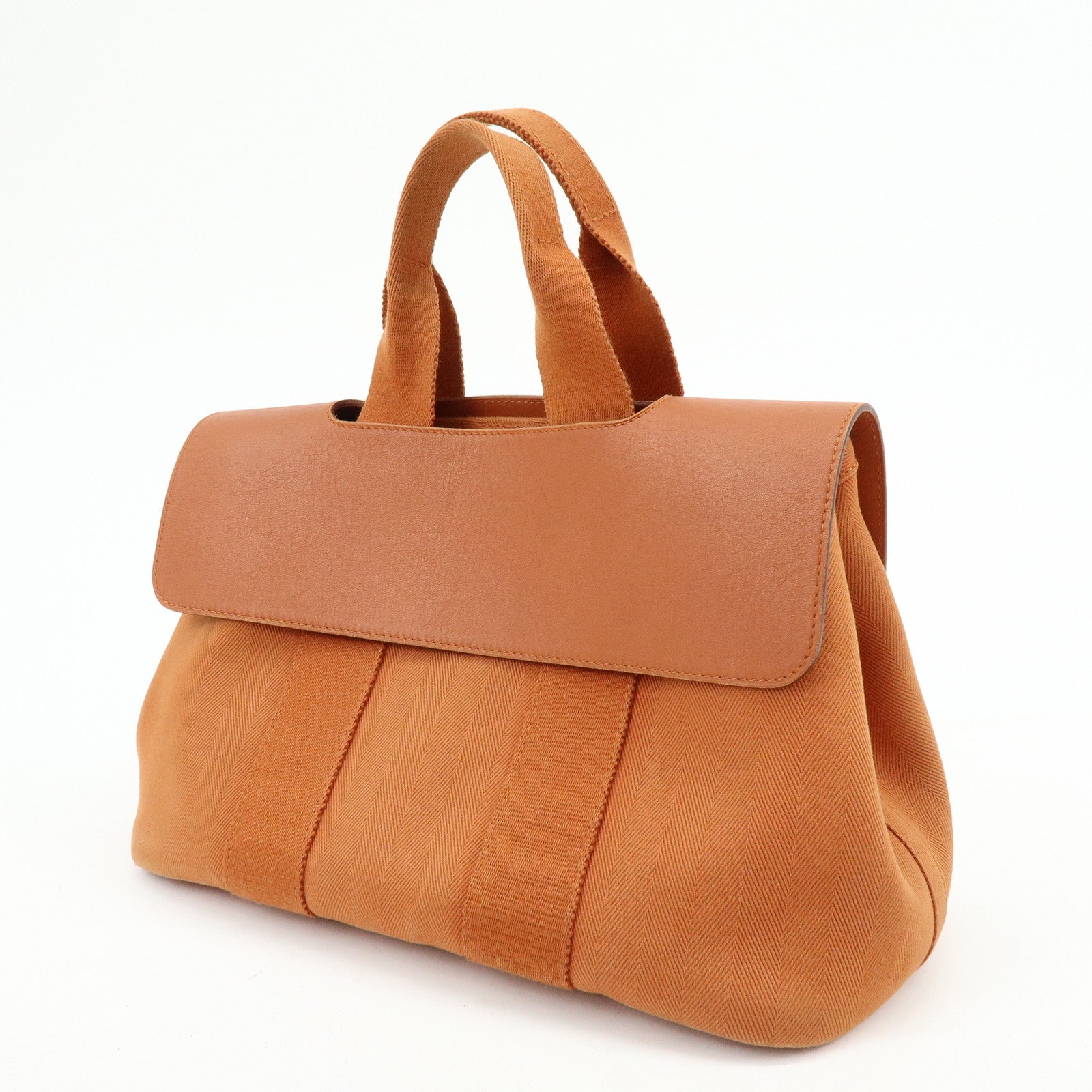 HERMES Valparaiso PM Toile Chevron Leather Tote Bag Hand Bag Brown