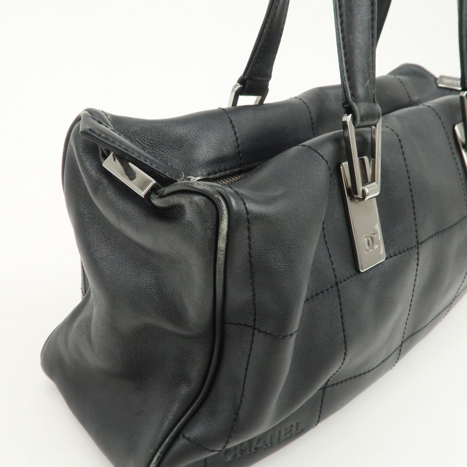 CHANEL Chocolate Bar Lamb Skin Mini Boston Bag Hand Bag Black