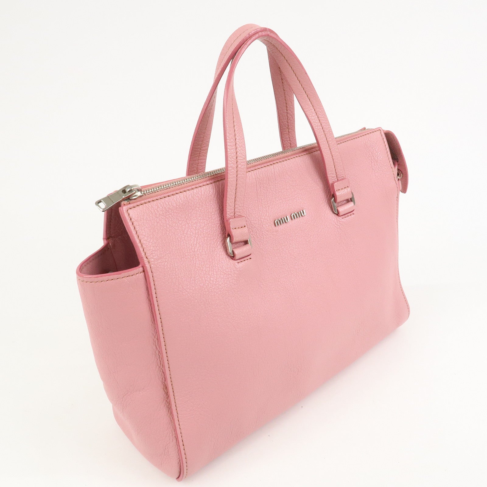 MIU MIU Logo Madras Leather Hand Bag Tote Bag Pink