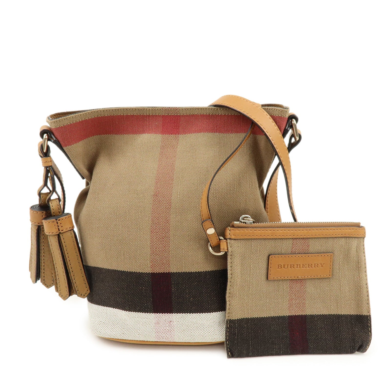 BURBERRY Nova Plaid Canvas Leather Tassel Shoulder Bag Beige Camel