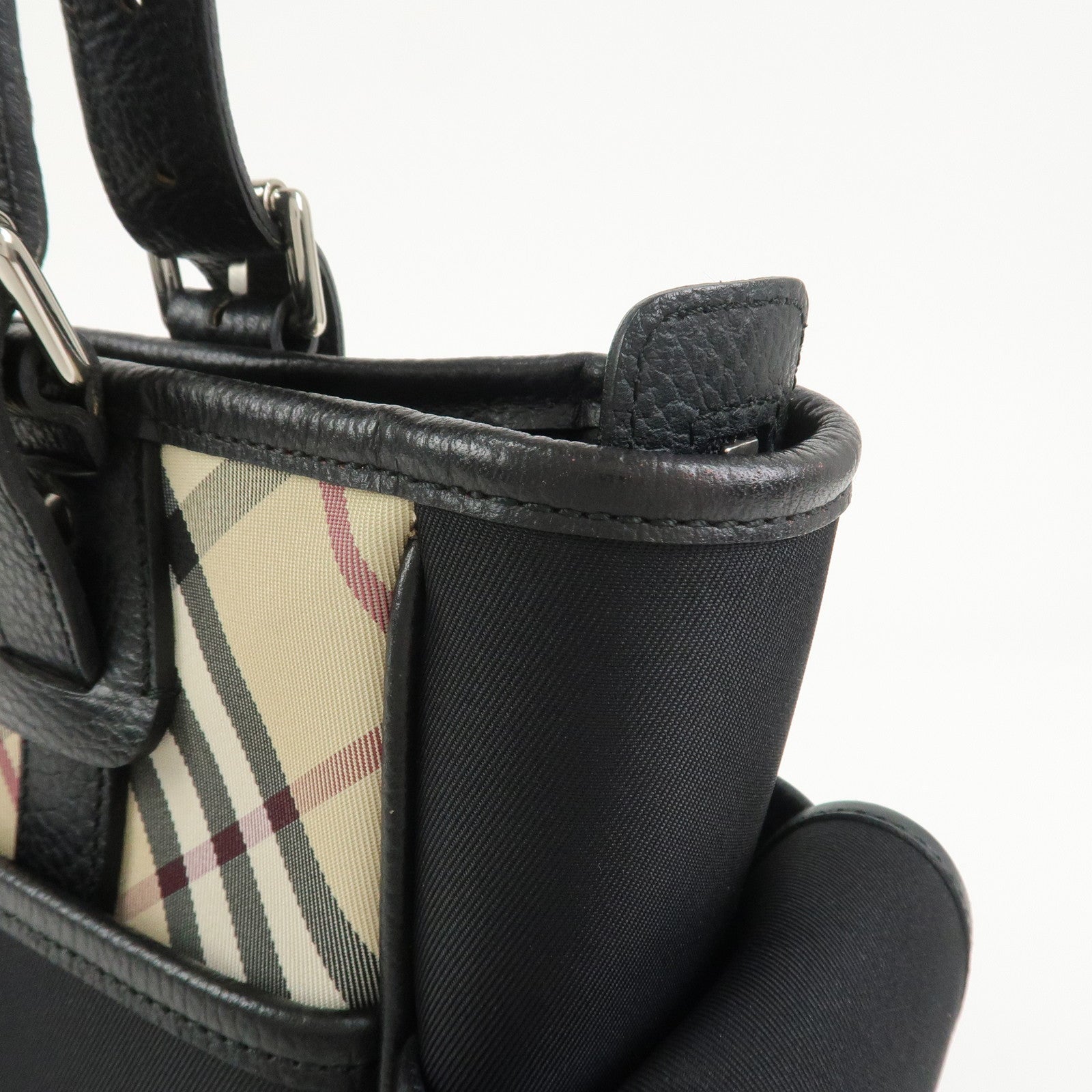BURBERRY Nova Plaid Nylon Leather Tote Bag Hand bag Black