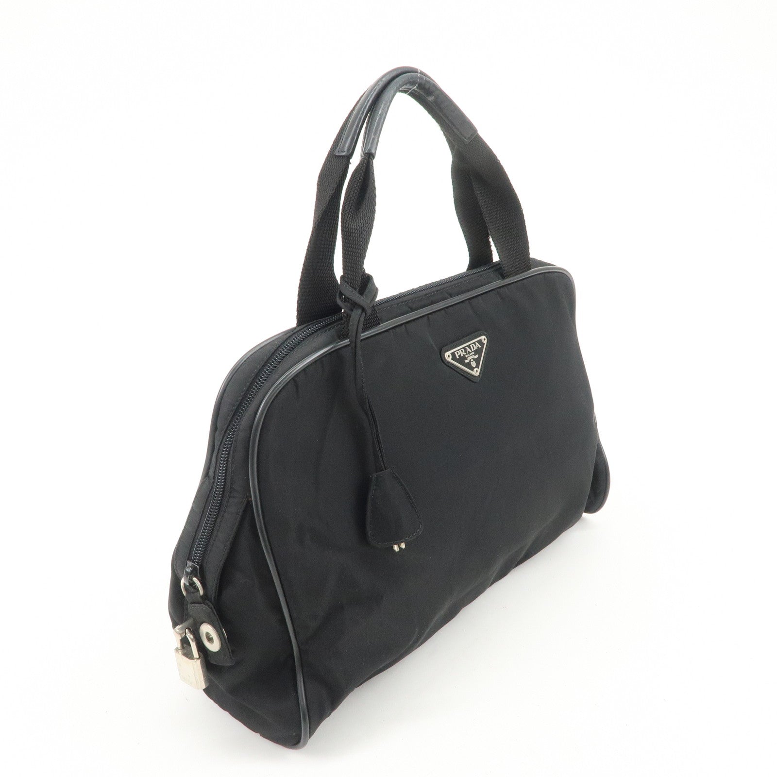 PRADA Triangle Logo Nylon Leather Hand Bag Boston Bag Black