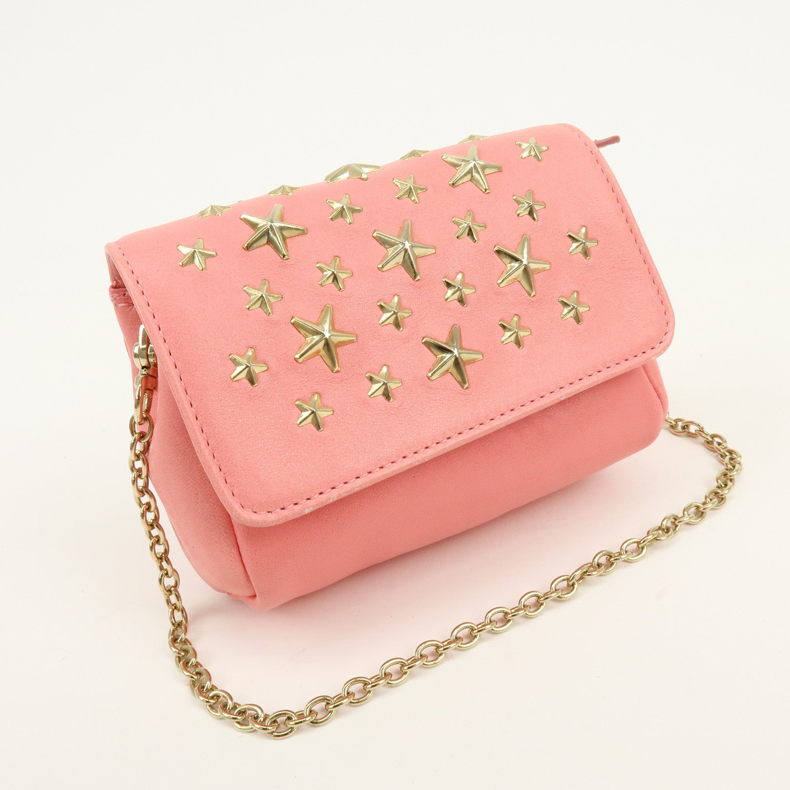 JIMMY CHOO Studs Leather Chain Shoulder Bag Crossbody Bag Pink