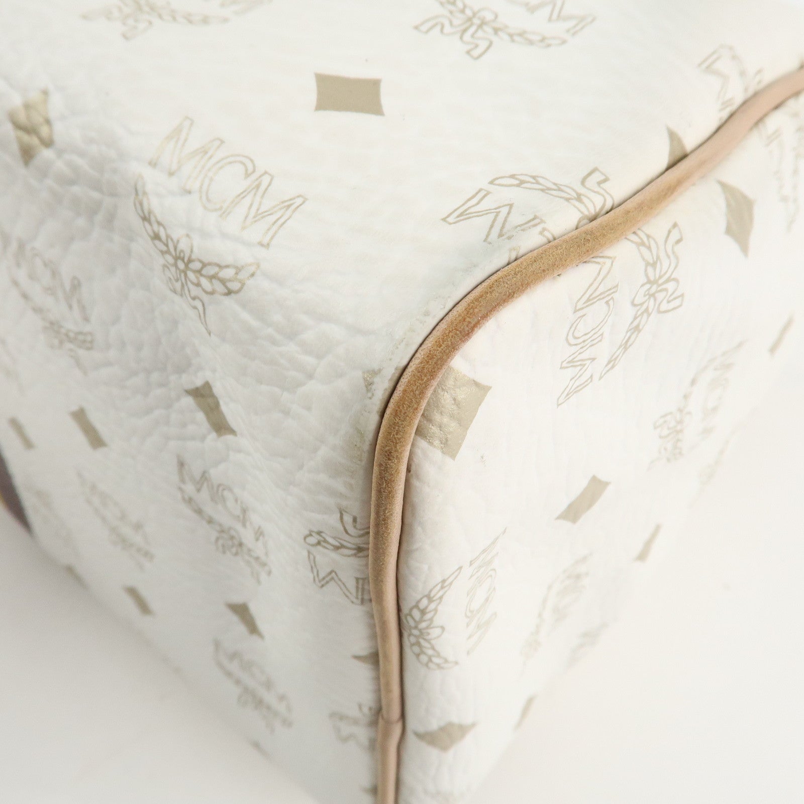 MCM Visetos Leather Boston Bag Hand Bag Beige White Used
