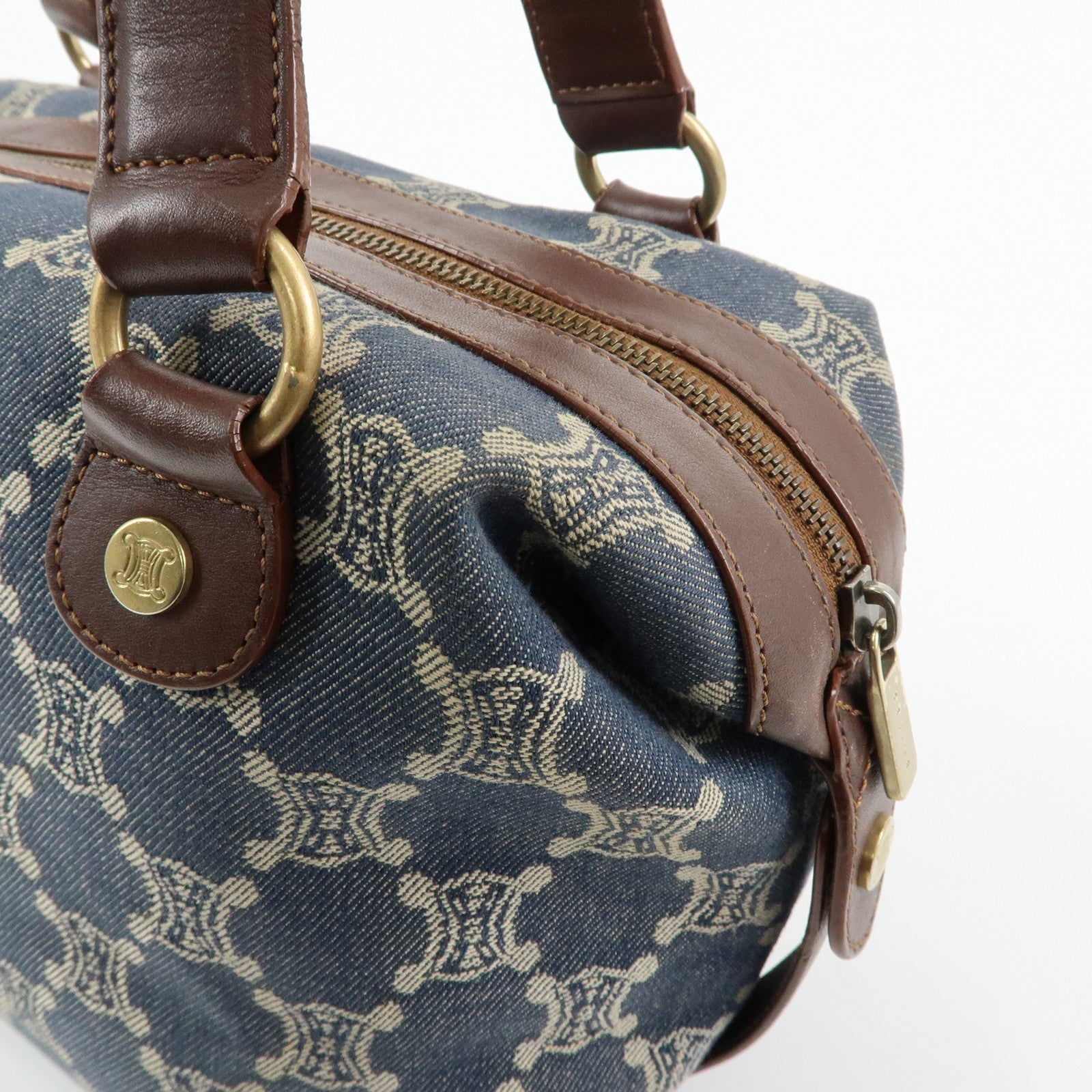 CELINE Macadam Denim Leather Shoulder Bag Hand Bag Blue Brown