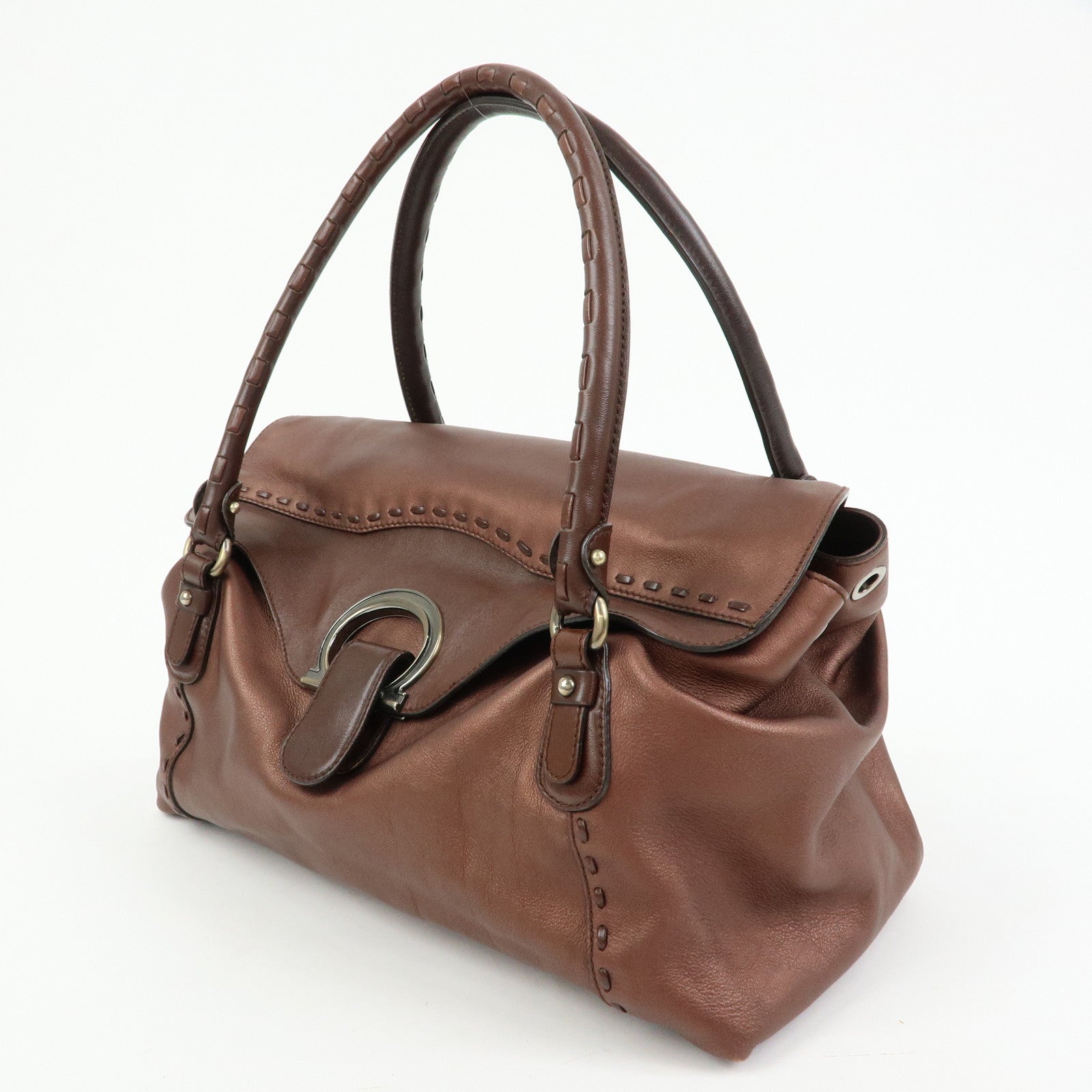 Ferragamo Gancini Leather 2Way Bag Hand Shoulder Bag Metallic Brown