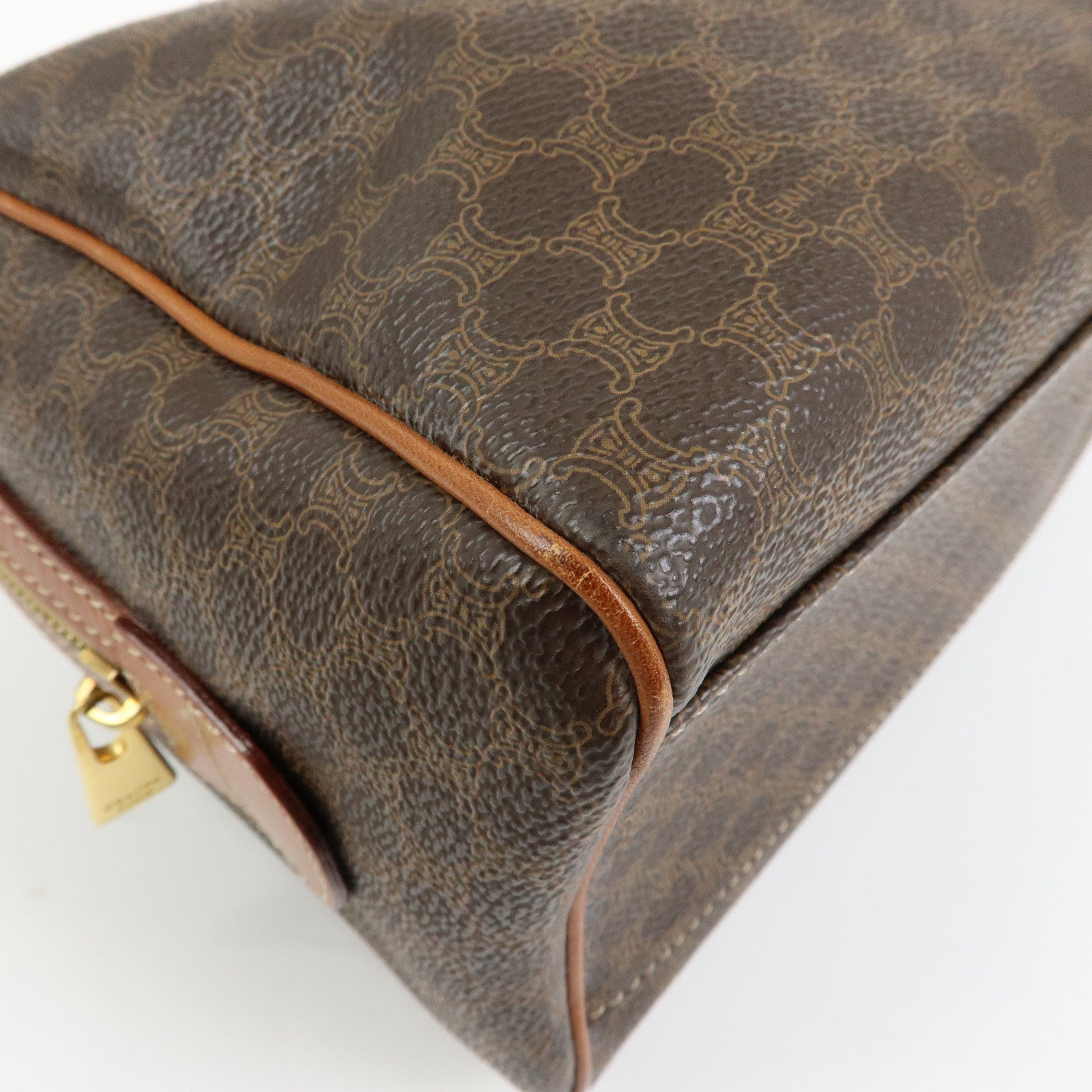 CELINE Logo Macadam PVC Leather Boston Bag Hand Bag Brown