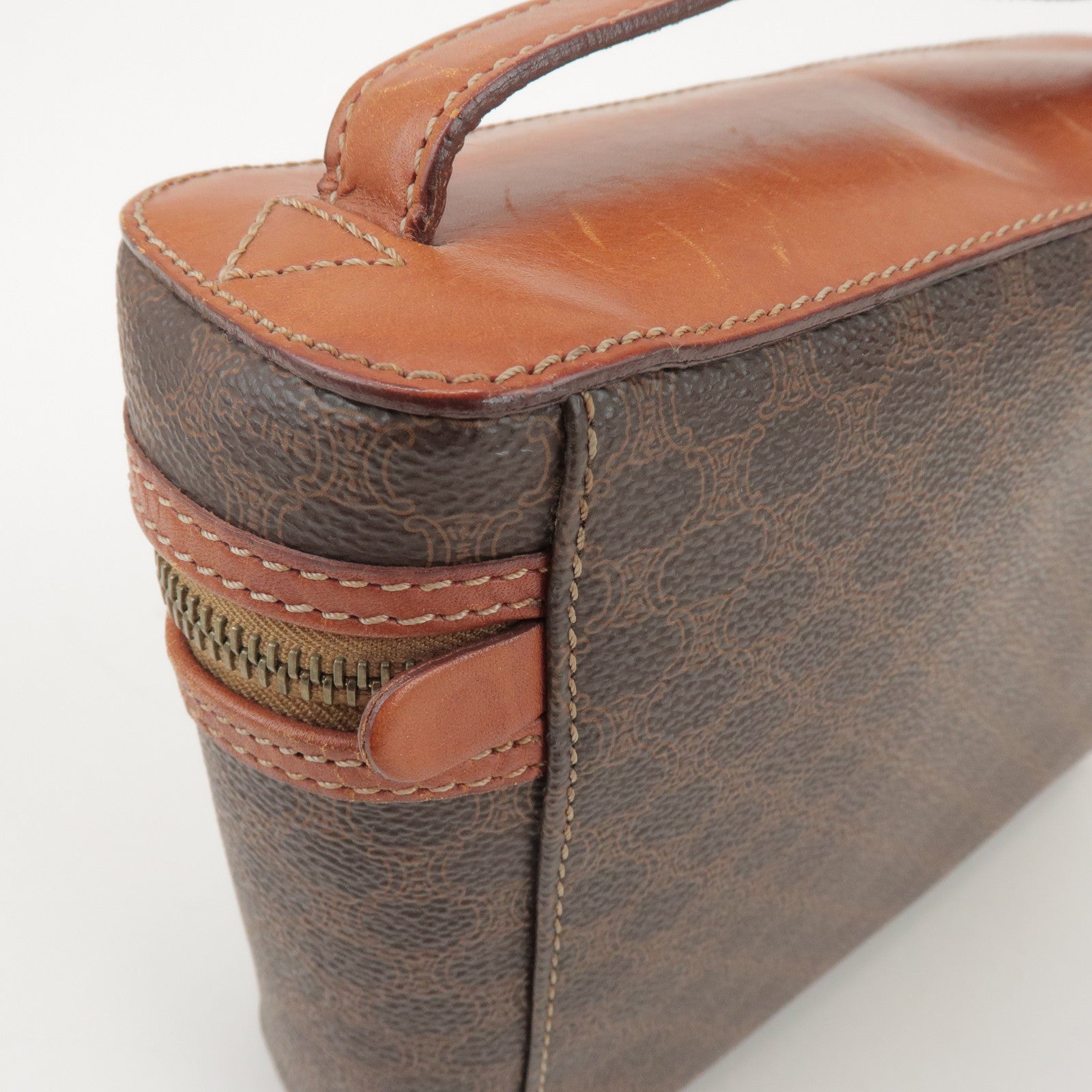 CELINE Macadam PVC Coated Canvas Leather Hand Bag Vanity Bag Brown