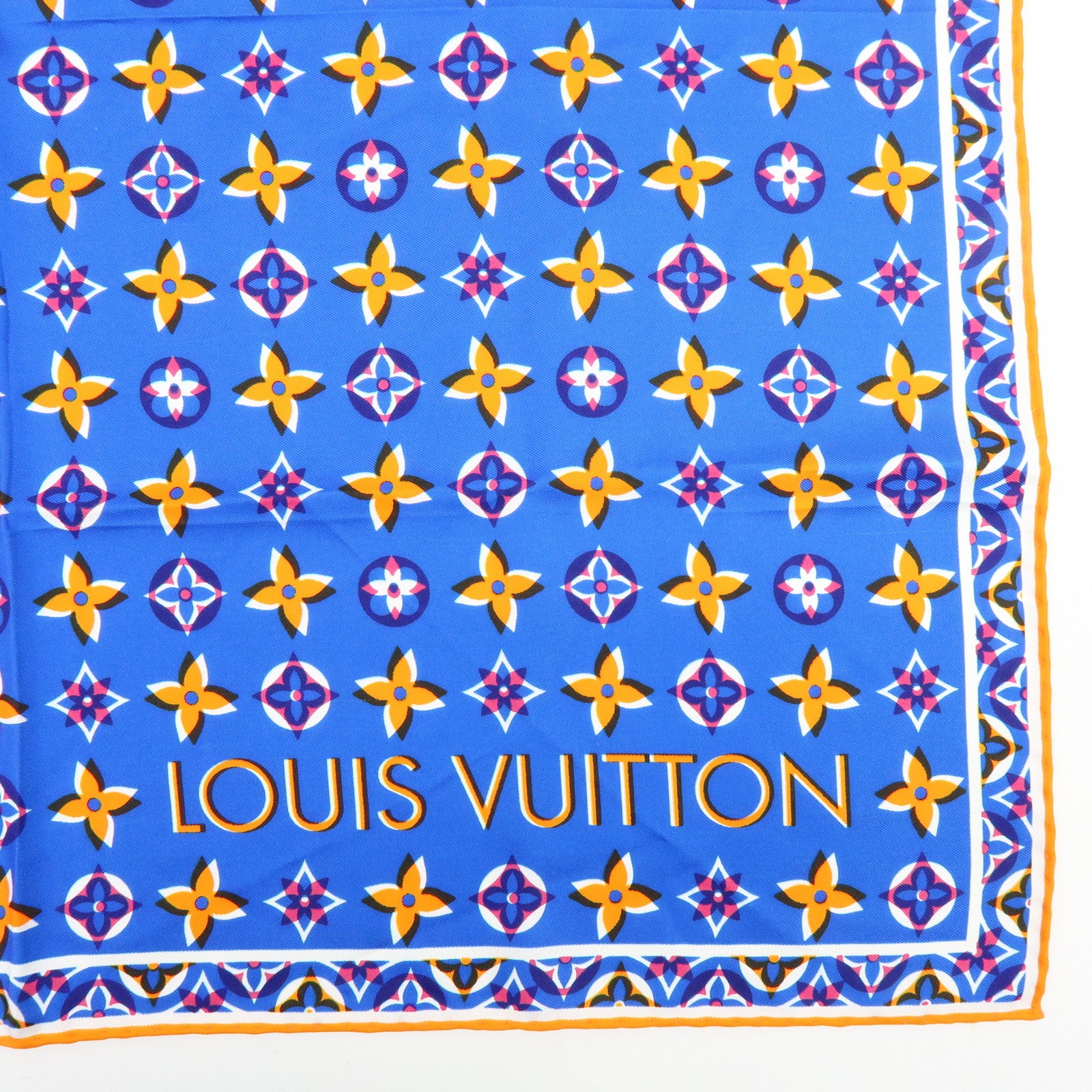 Louis Vuitton Monogram Silk 100% Scarf Blue Orange M73843
